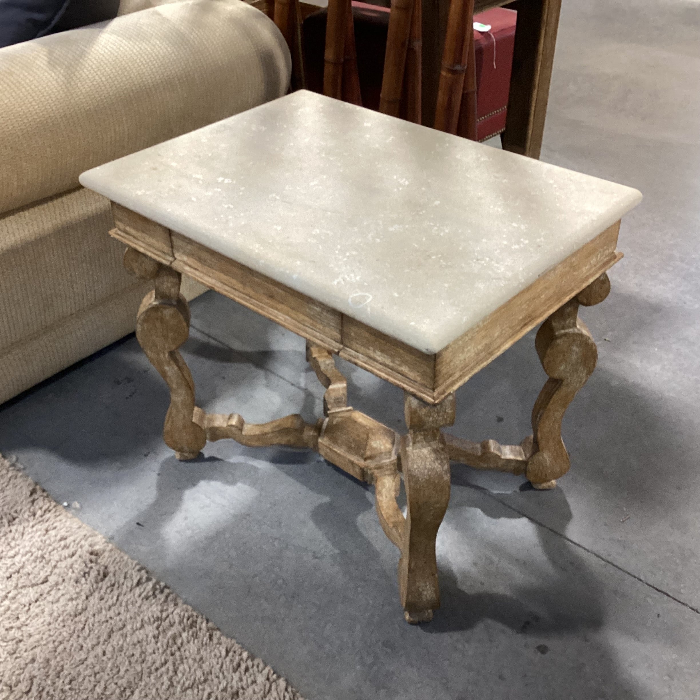 Blonde Antiqued Distressed Finish Carved Wood & Stone End Table 28"x 20"x 24"