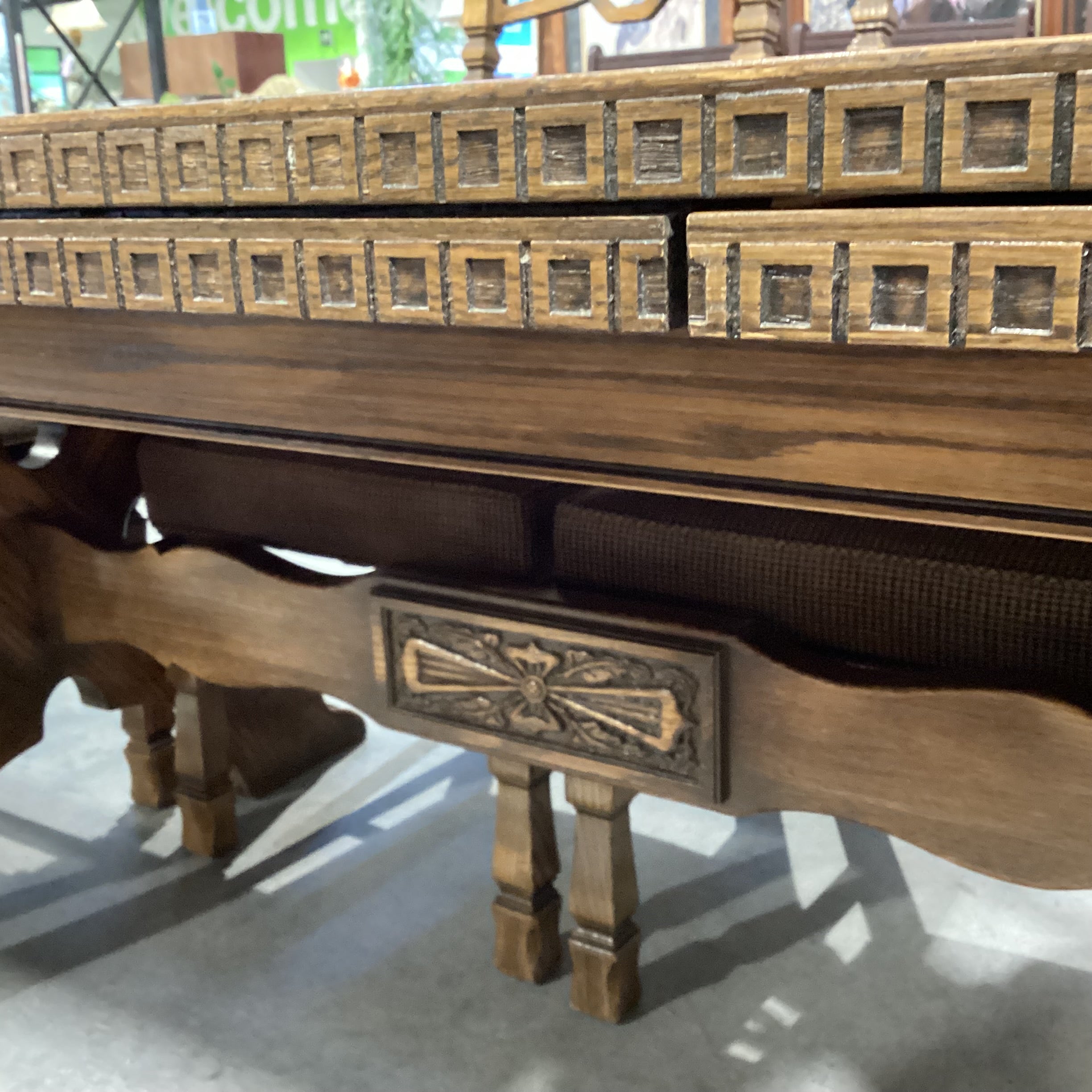 Vintage Antique Carved Oak with Trestle Table & 6 Chairs Dining Set 72"x 40"x 30"