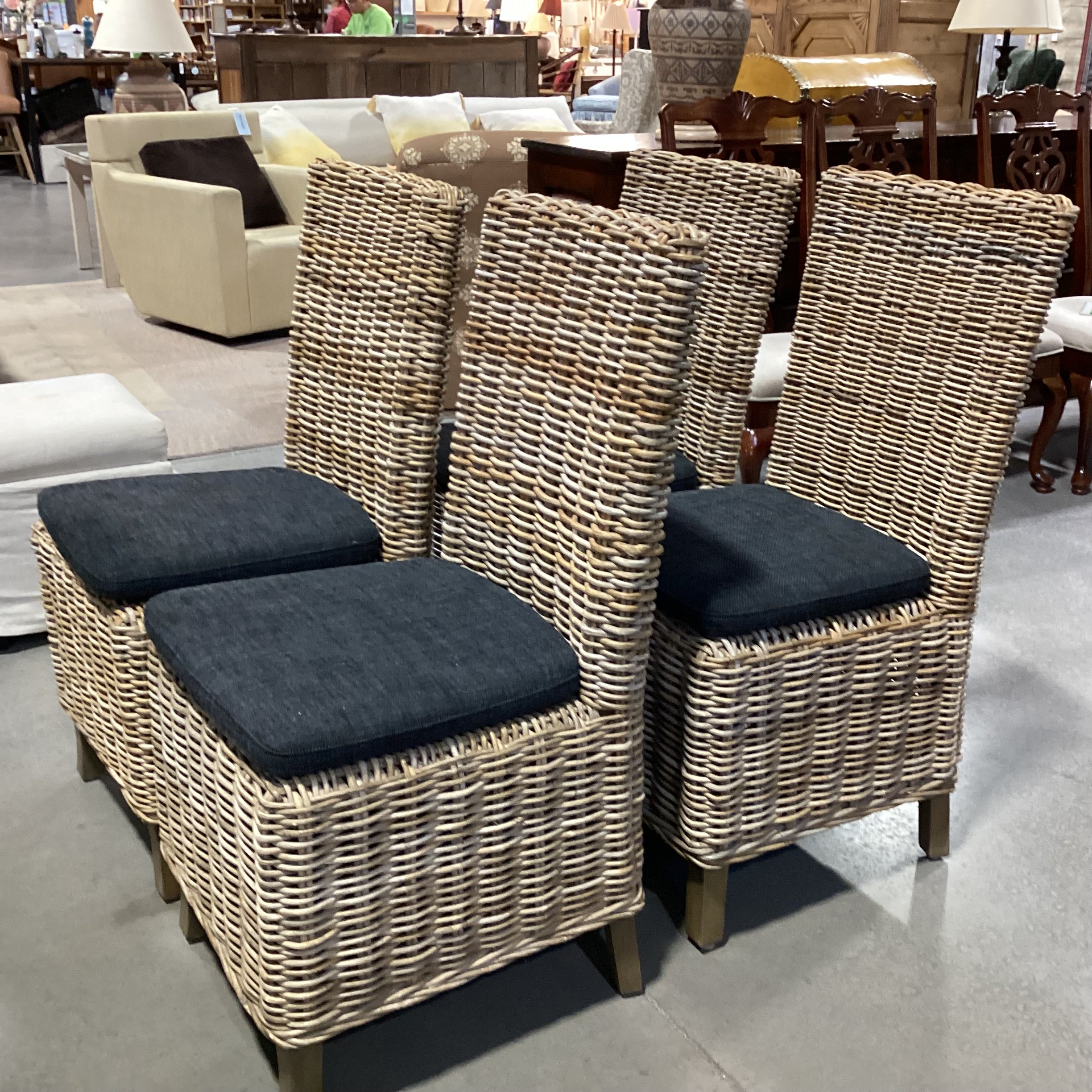SET of 4 Wicker Woven Rattan with Charcoal Cushion Dining Chairs 20"x 23"x 40"