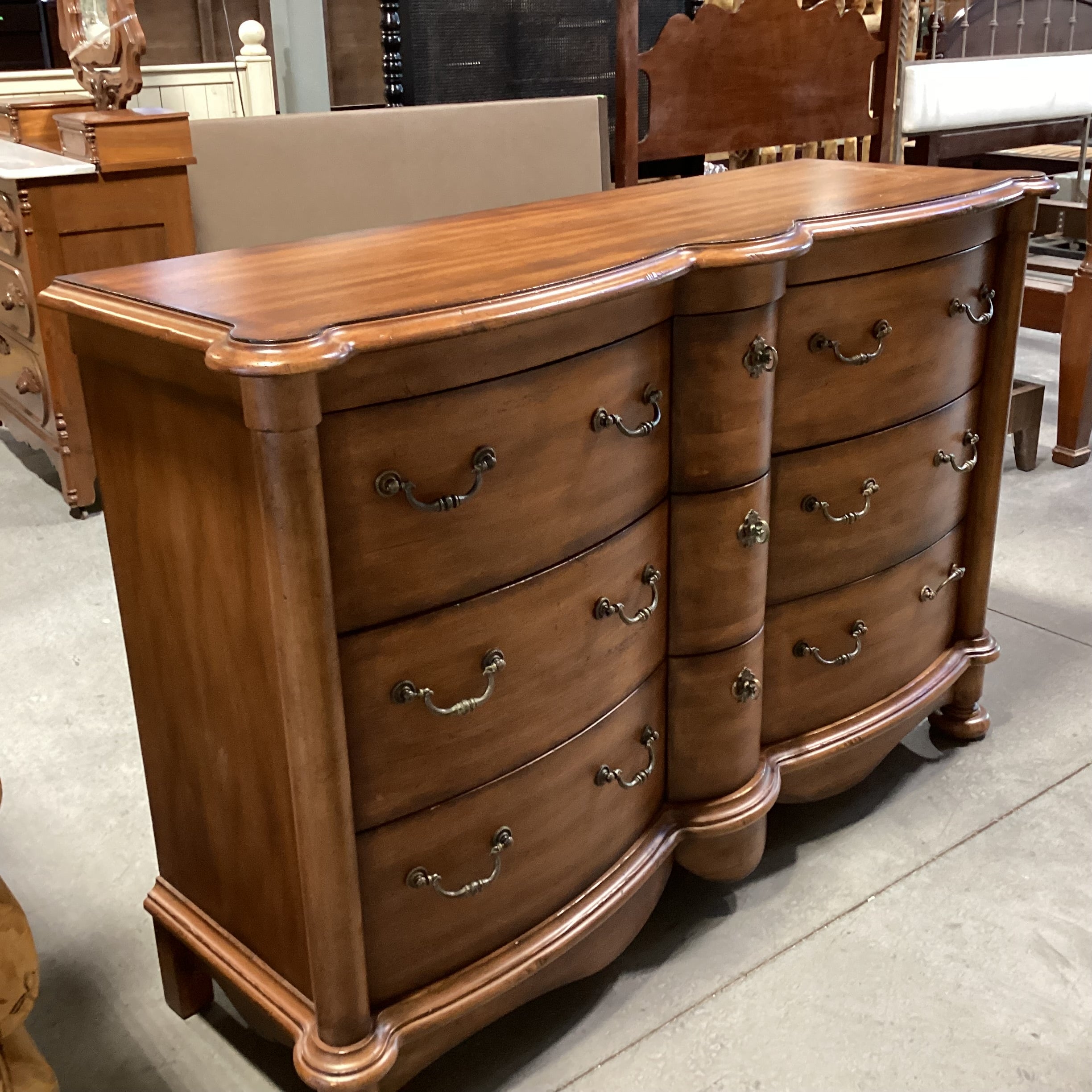 Hickory White Distressed Carved Curved Front 9 Drawer Dresser 64"x 20"x 42"