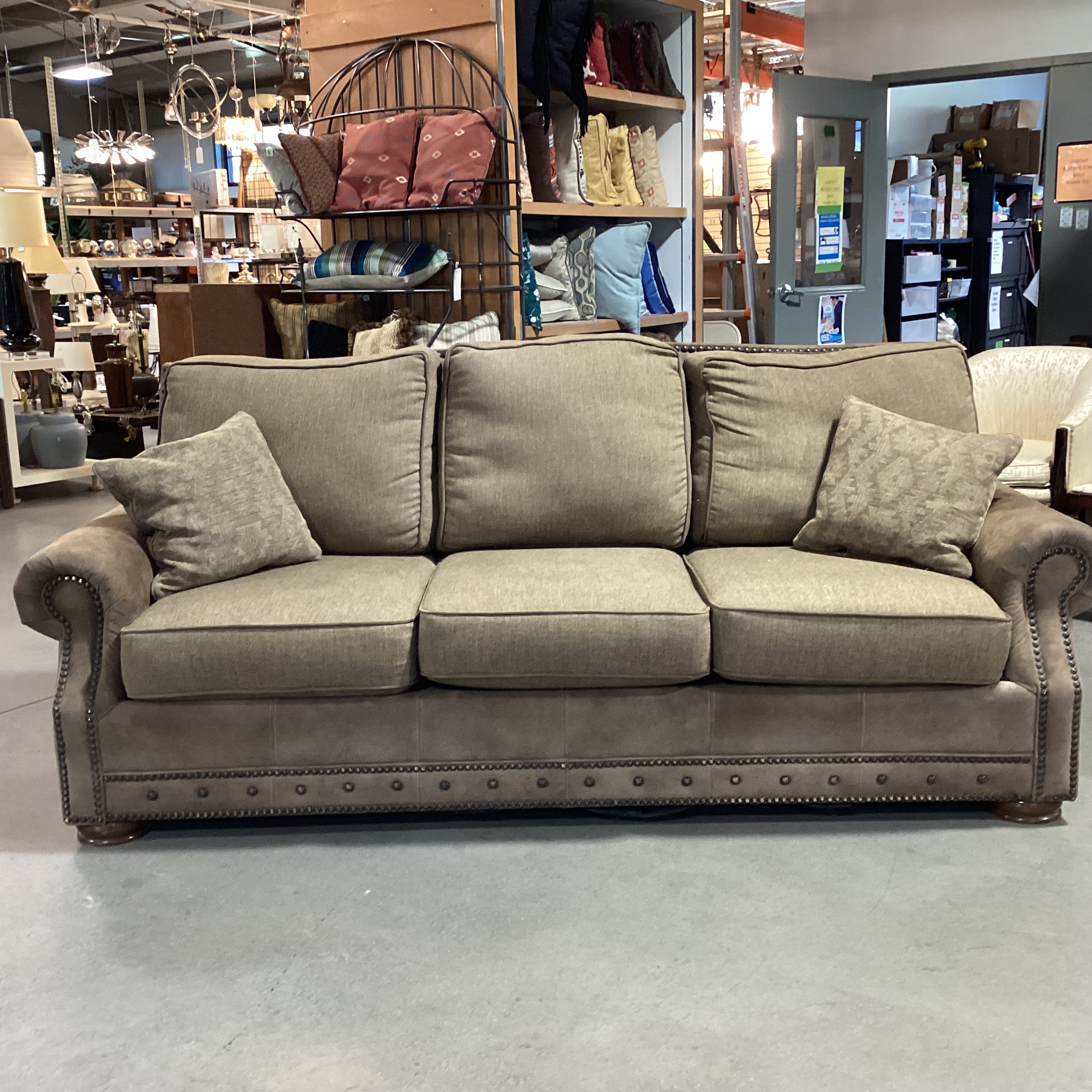 Mayo Furniture Brown Ultra Suede  Nailhead & Upholstery Sofa