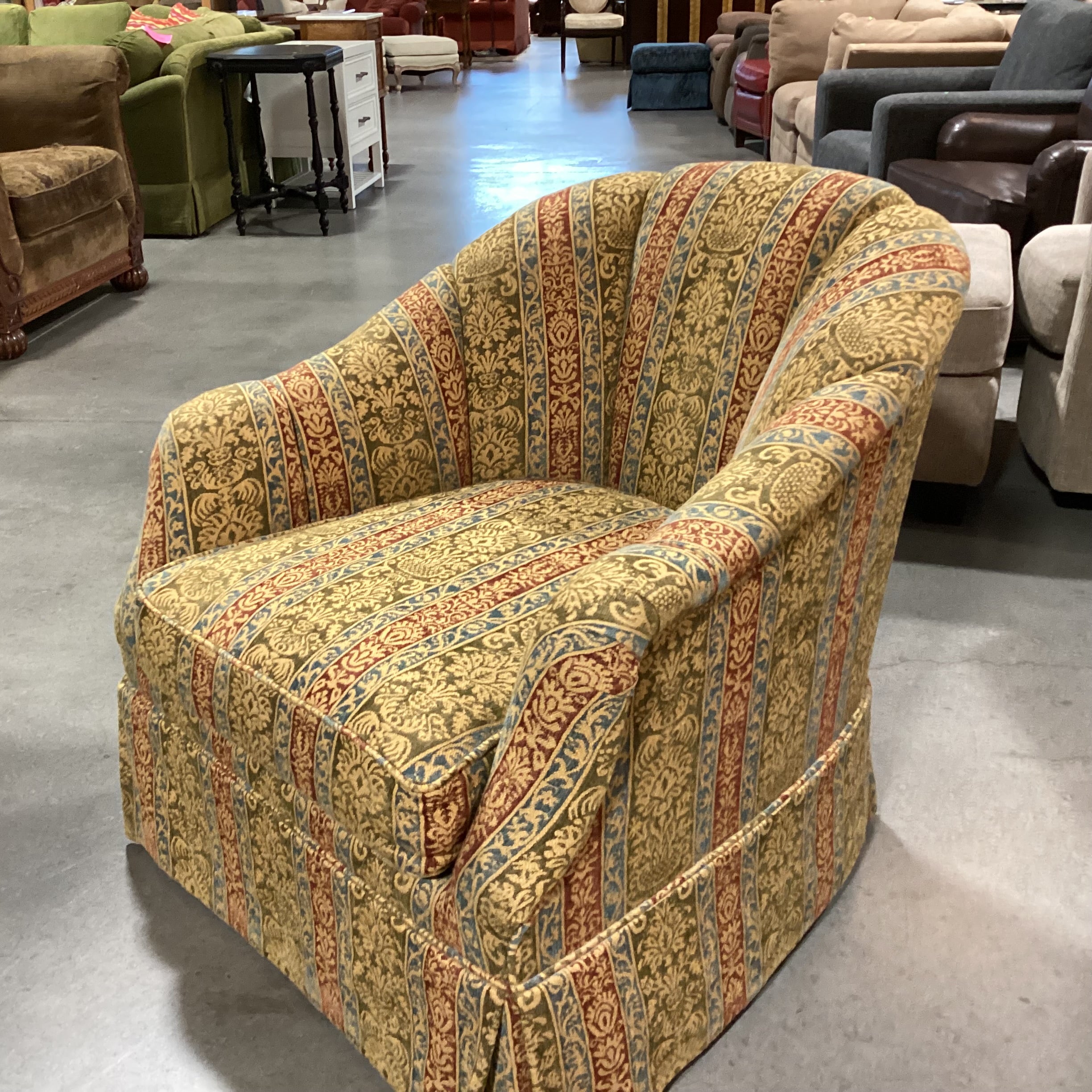 Custom Gold Sage Blue Rust Ornate Woven Ribbon Floral Scallop Back on Casters Chair 33"x 34"x 33"