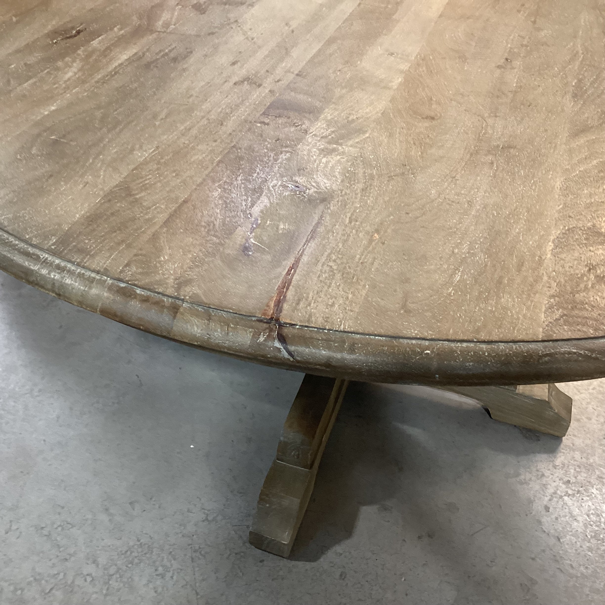 Pottery Barn Linden Grey Washed Mango Wood Round Pedestal Dining Table 60" Diameter x 30.5"