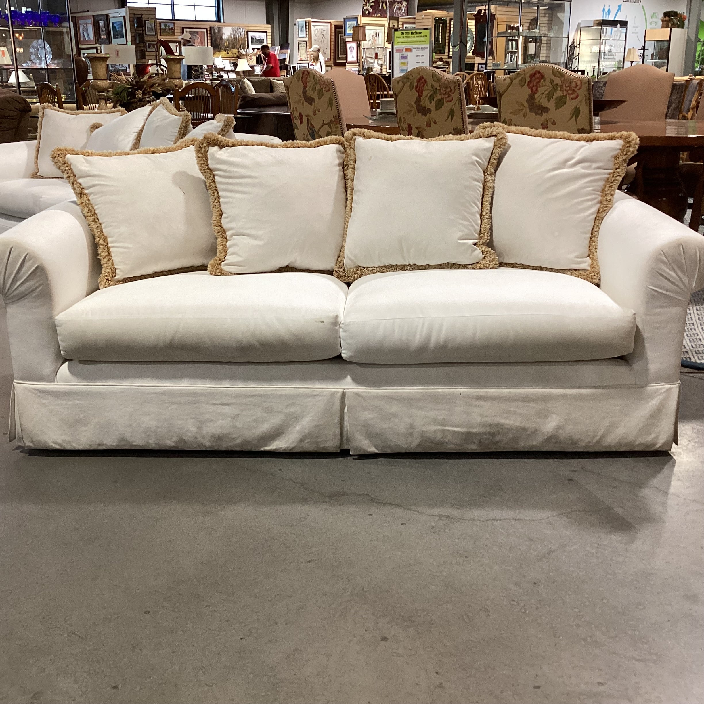 Custom Cream with Gold Tan Fringe Down Mix Roll Arm Sofa 85"x 40"x 31"