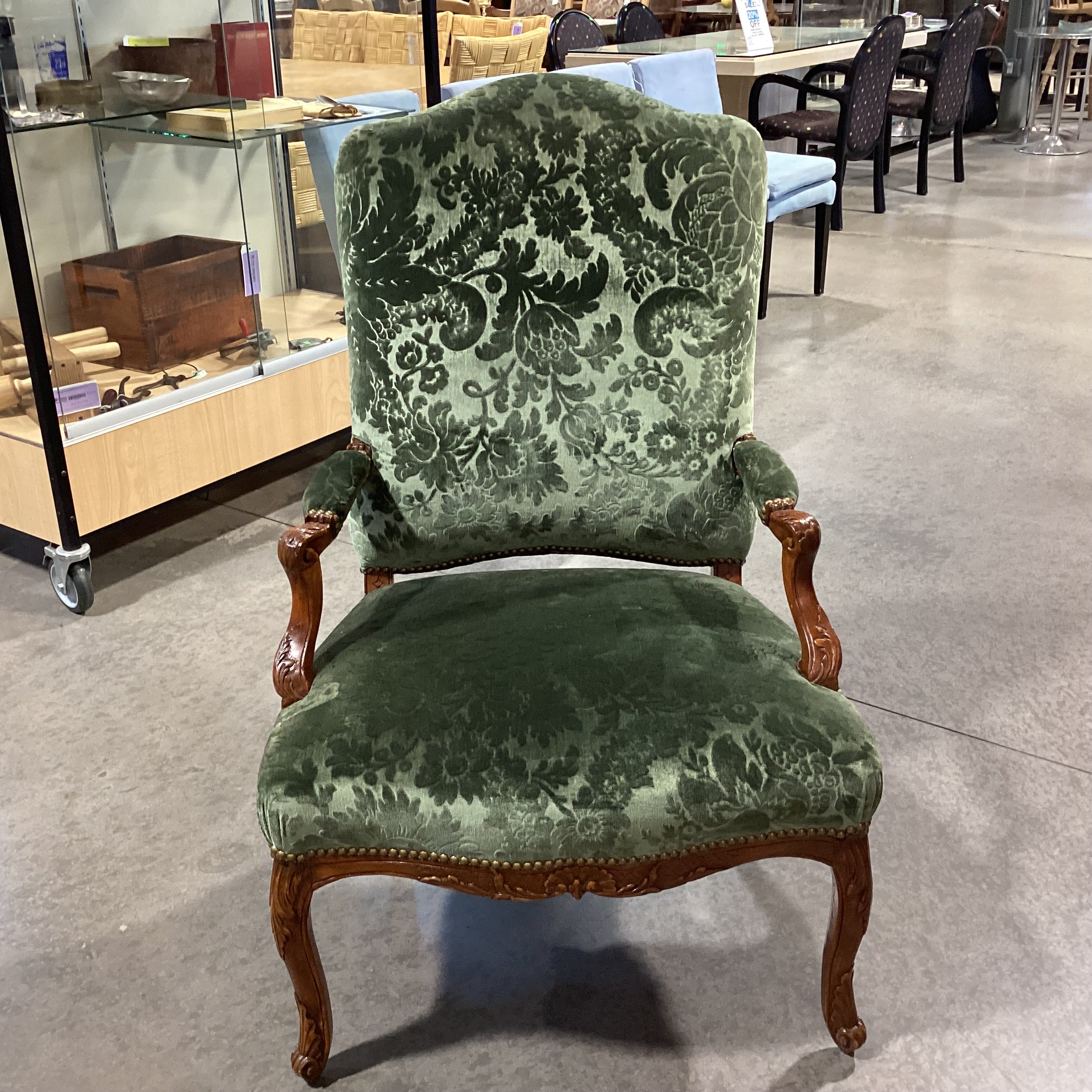 Vintage Carved Wood with Green Raised Floral Velvet & Nailhead Chair 28"x 28"x 42"