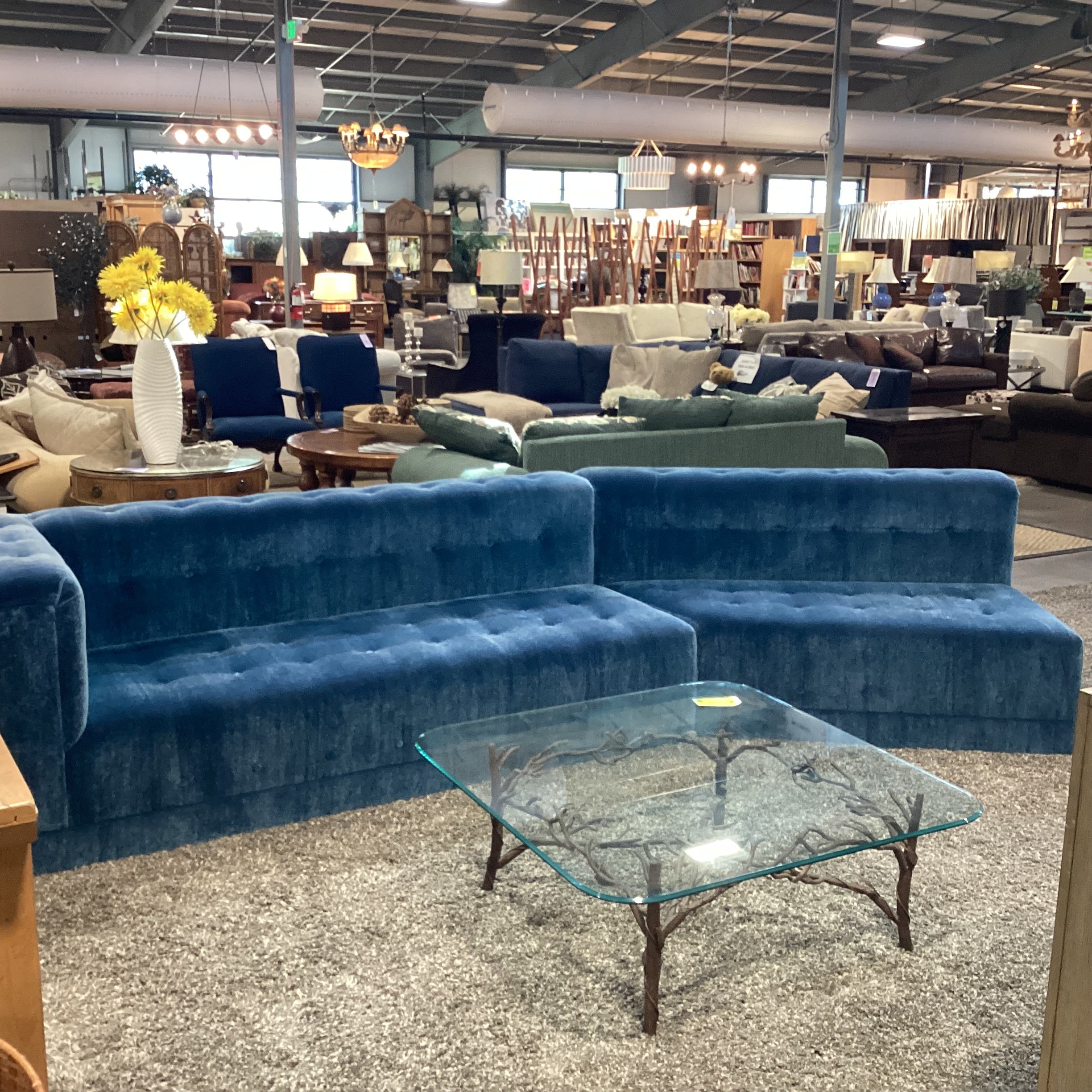 Custom Blue Teal Mohair with Button Tufting 2 Piece Angled Sectional 142"x 35"x 32"