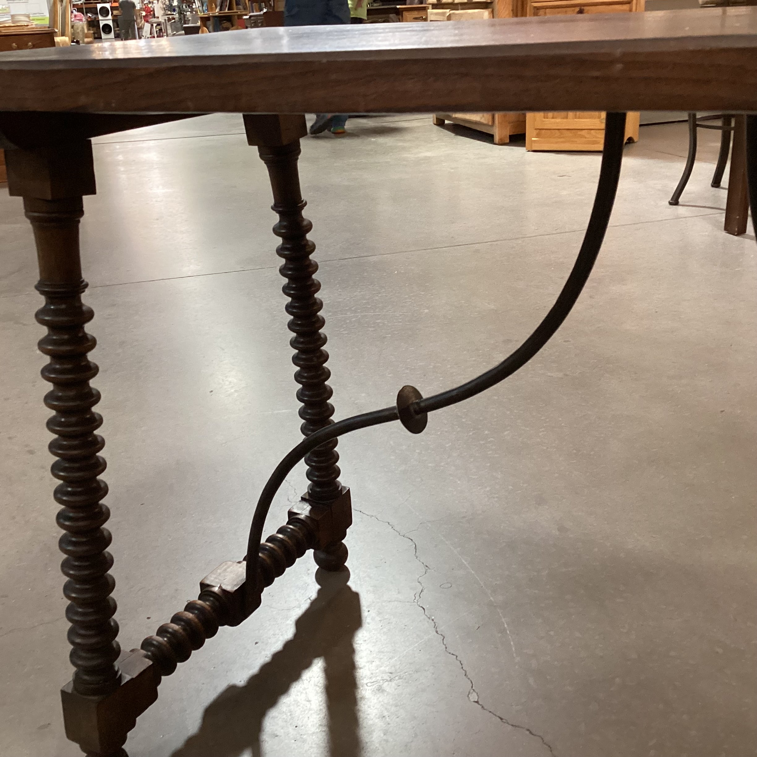 Antique Dark Finish Wood with Bobbin Turnings & Iron Stretchers Accent Table 44.5"x 22"x 28.5"