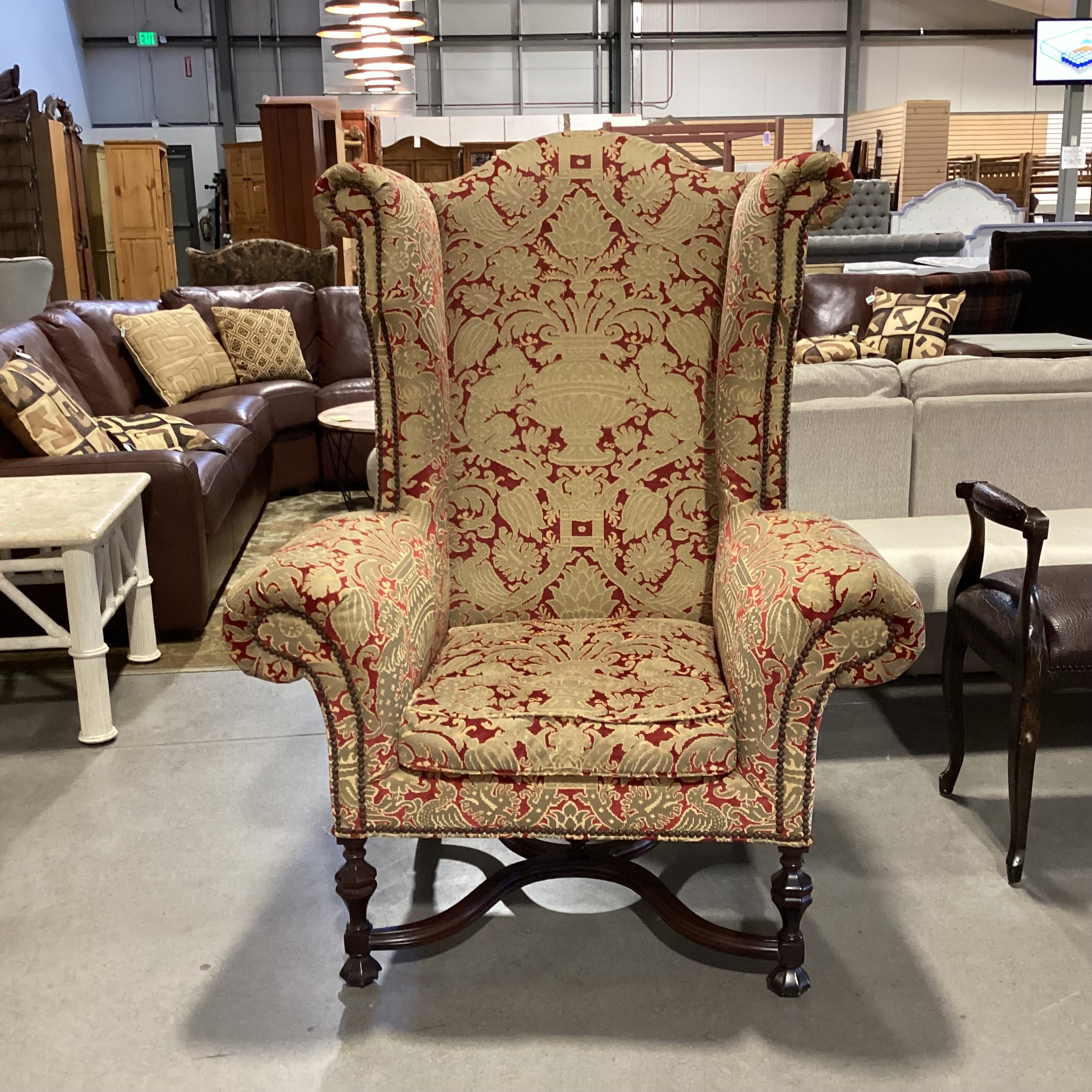 Lee Jofa Gold & Red Raised Design Nailhead Roll Arm & Wing with Carved Wood Base Chair 44"x 36"x 56"