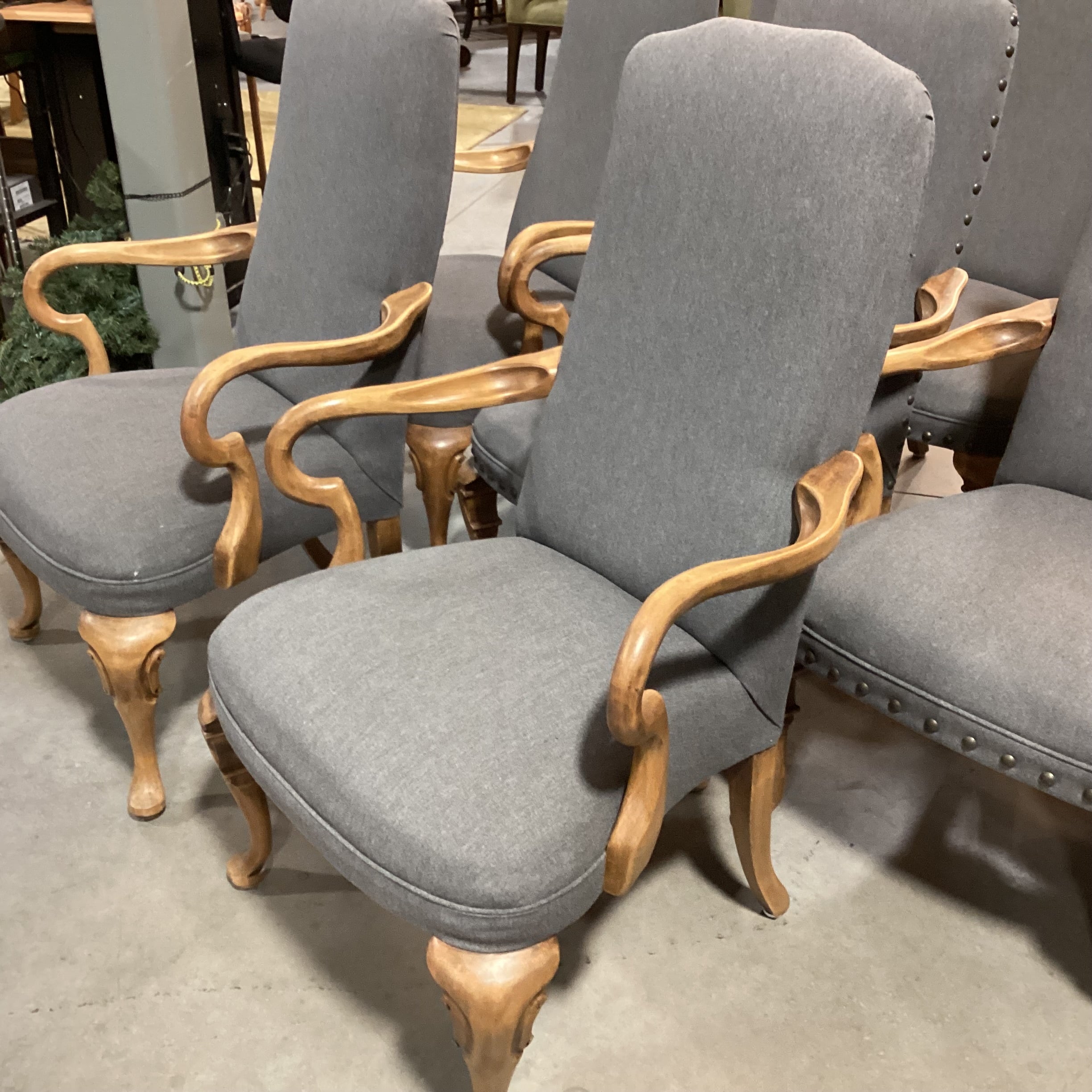 SET of 8 Antique Carved Wood with Reupholstered Grey Wool Blend Dining Chairs 27"x 24"x 43"  Chairs