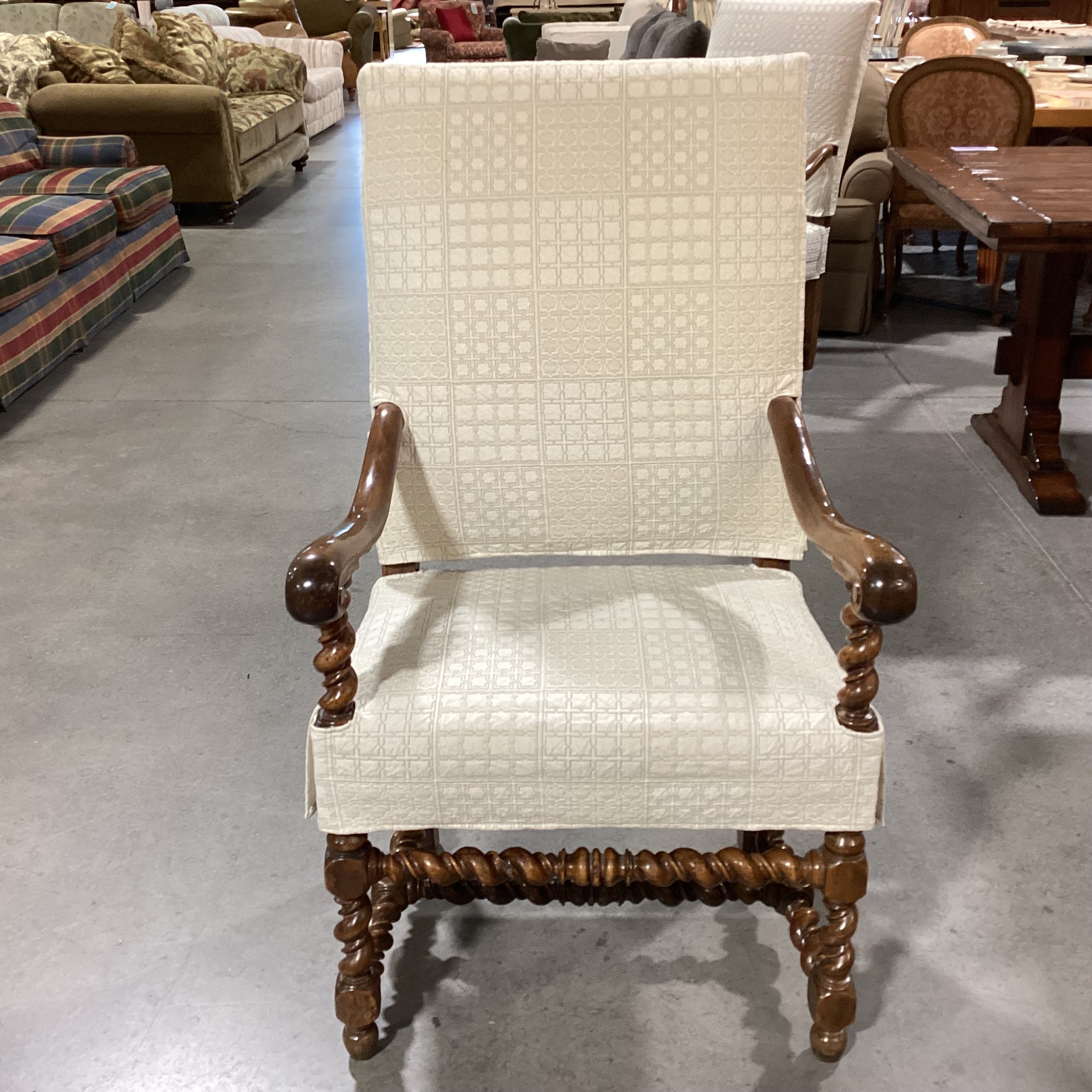 Ornate Carved Wood with Ivory Quilted Slipcover Leather Underneath Chair 26"x 26"x 46"