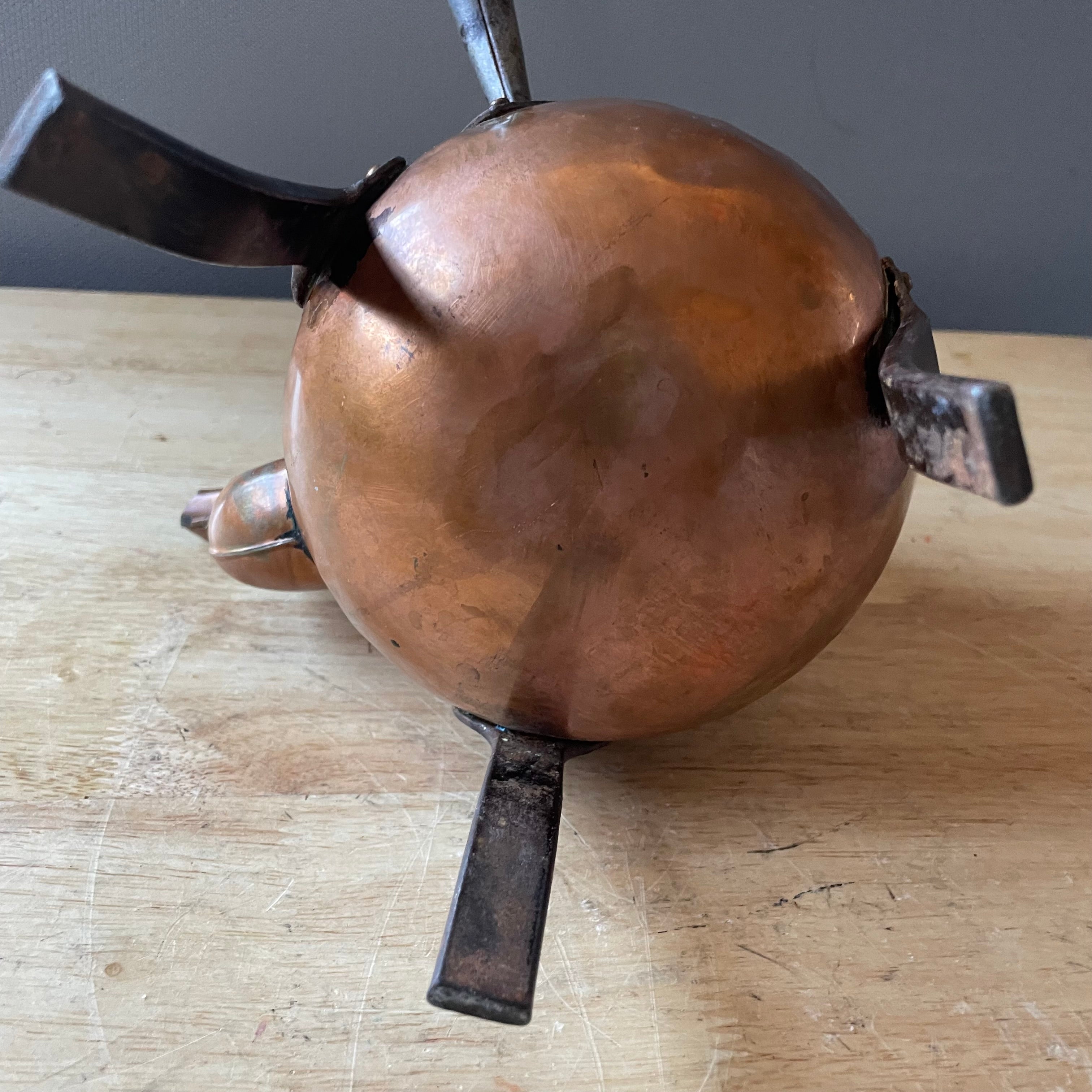 Antique Swedish Copper/Cast Iron Footed Tea Pot with Matching Copper Burner Base, 10"x 8"x 8.5"