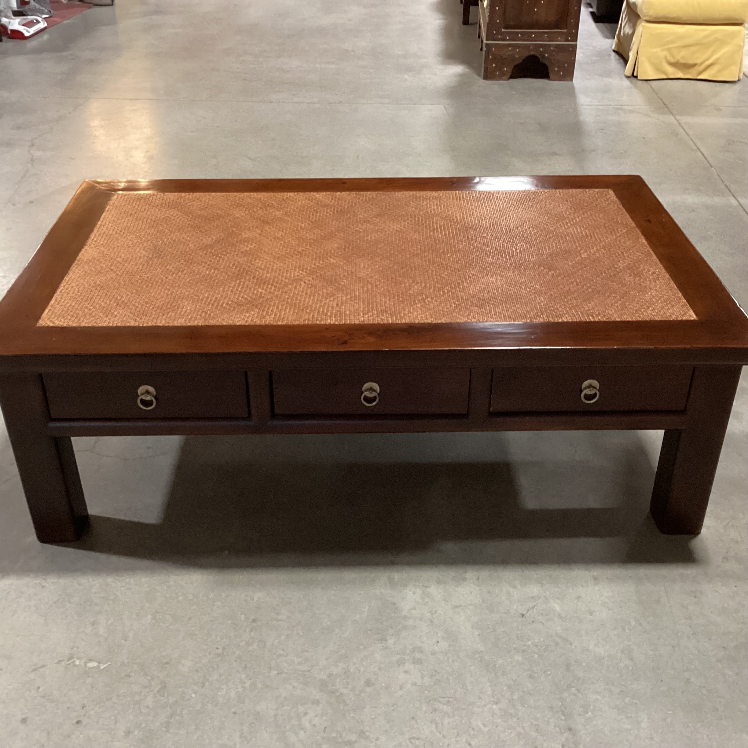 Distressed Finish Carved Wood & Wicker Raffia Woven Inset Top 6 Drawer Coffee Table 55"x 33.5"x 18"
