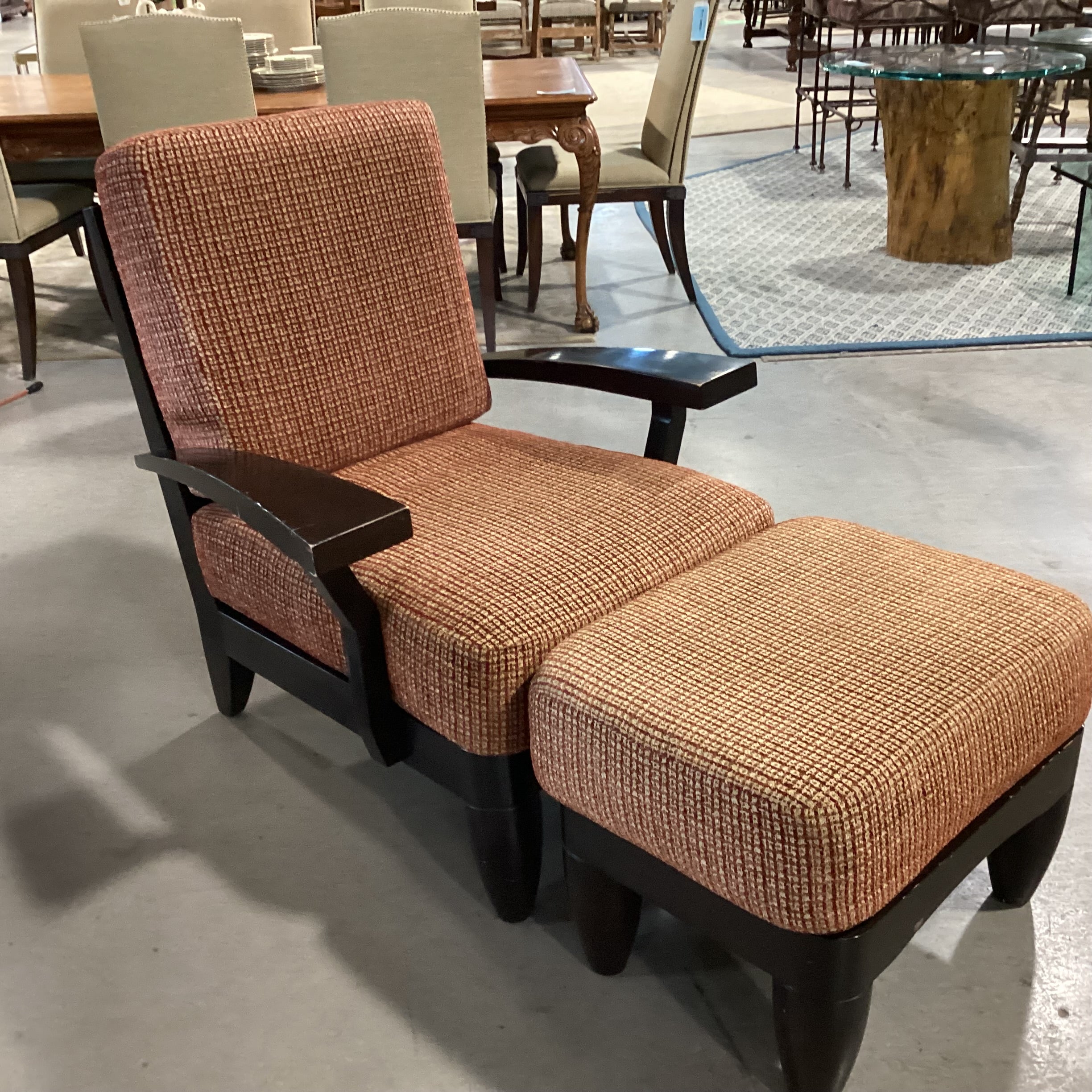Dark Finish Wood & Gold Red Woven with Ottoman Chair 36"x 38"x 37"