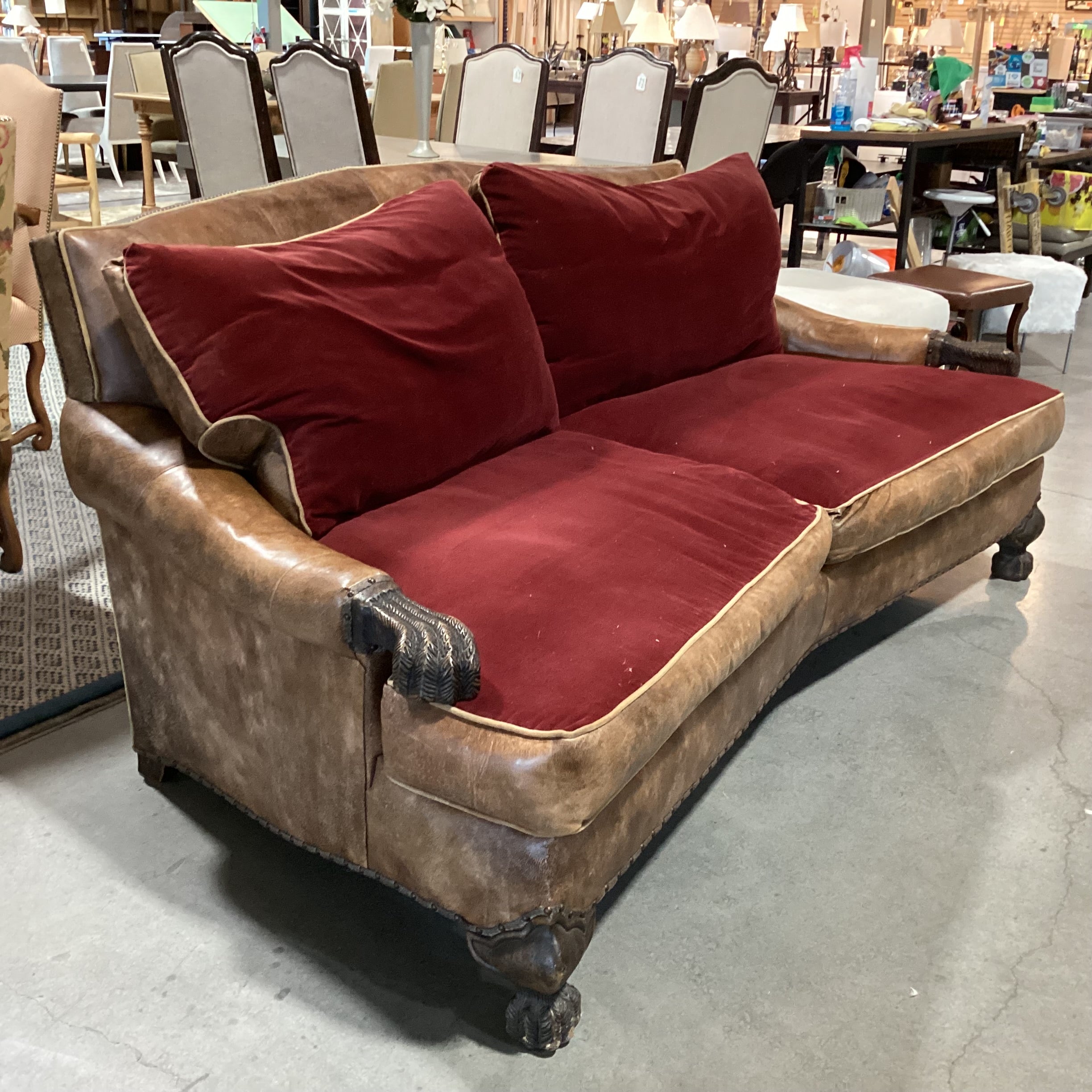 Carol Hicks Bolton & E J Victor Distressed Leather with Reversible Burgundy Velvet Cushions Ornate Carved Wood Down Mix Sofa 92"x 46"x 40"