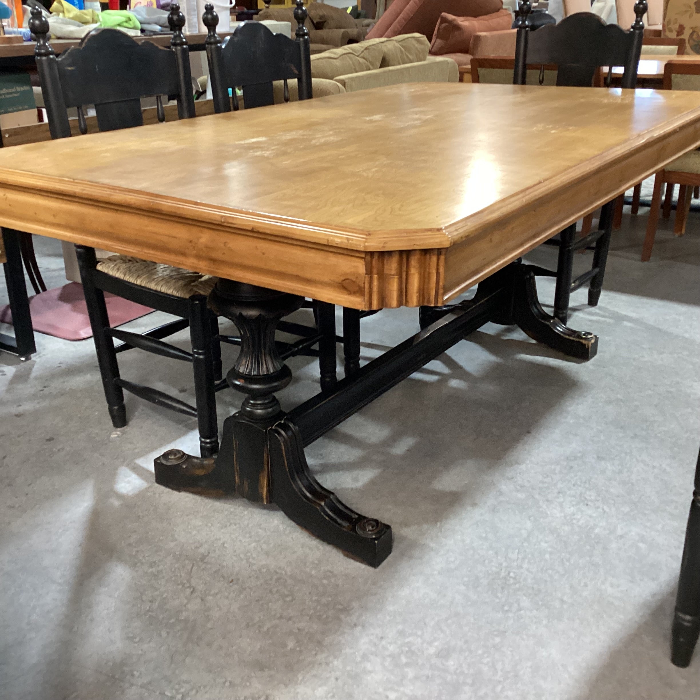Country Distressed Black & Natural with Trestle Table & 6 Chairs Dining Set 72"x 42"x 31"