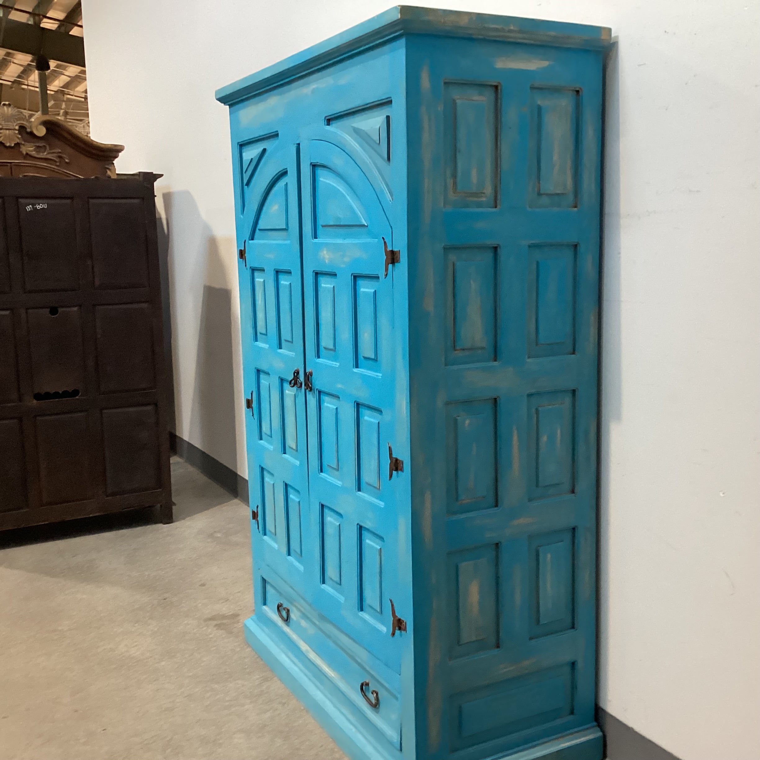 Rustic Carved Pine Distressed Blue 2 Door with Shelves 1 Drawer Armoire 51"x 25"x 80"