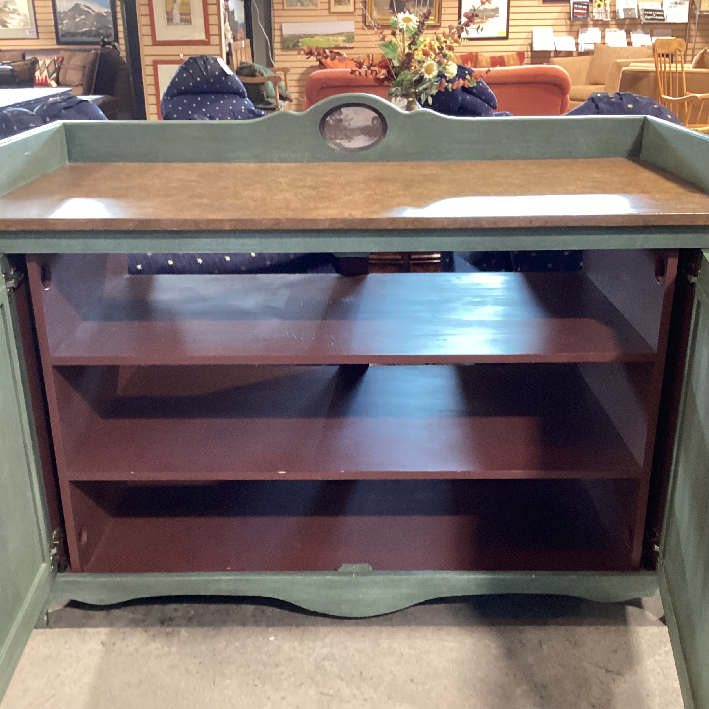 Hand Crafted Green Finished Wood with Ribbed Doors Backsplash Detail & Shelves Buffet Sideboard 59.9"x 26"x 43"