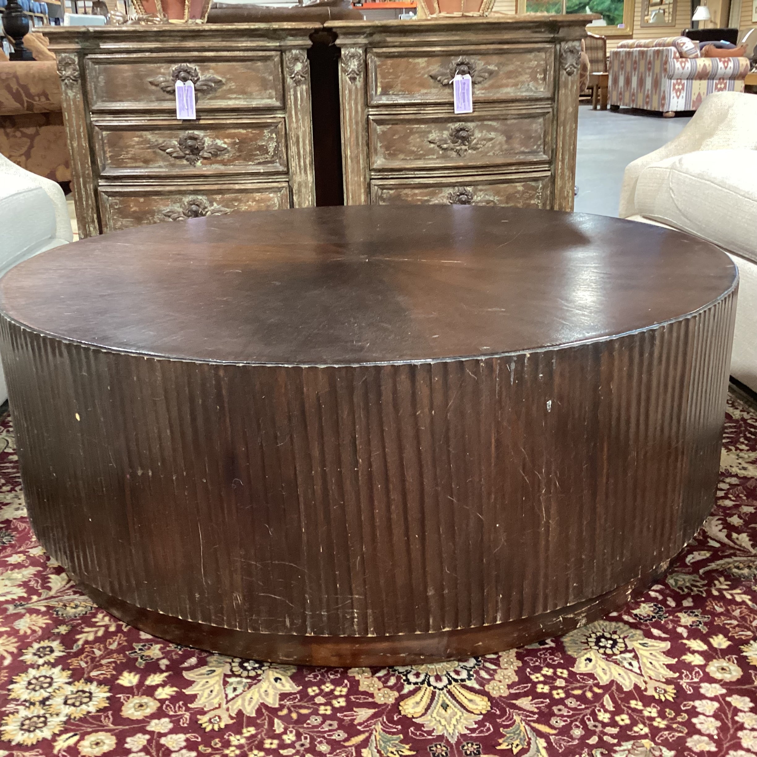 Finished Wood & Veneer Round with Ribbed Sides Coffee Table 45" Diameter x 20"