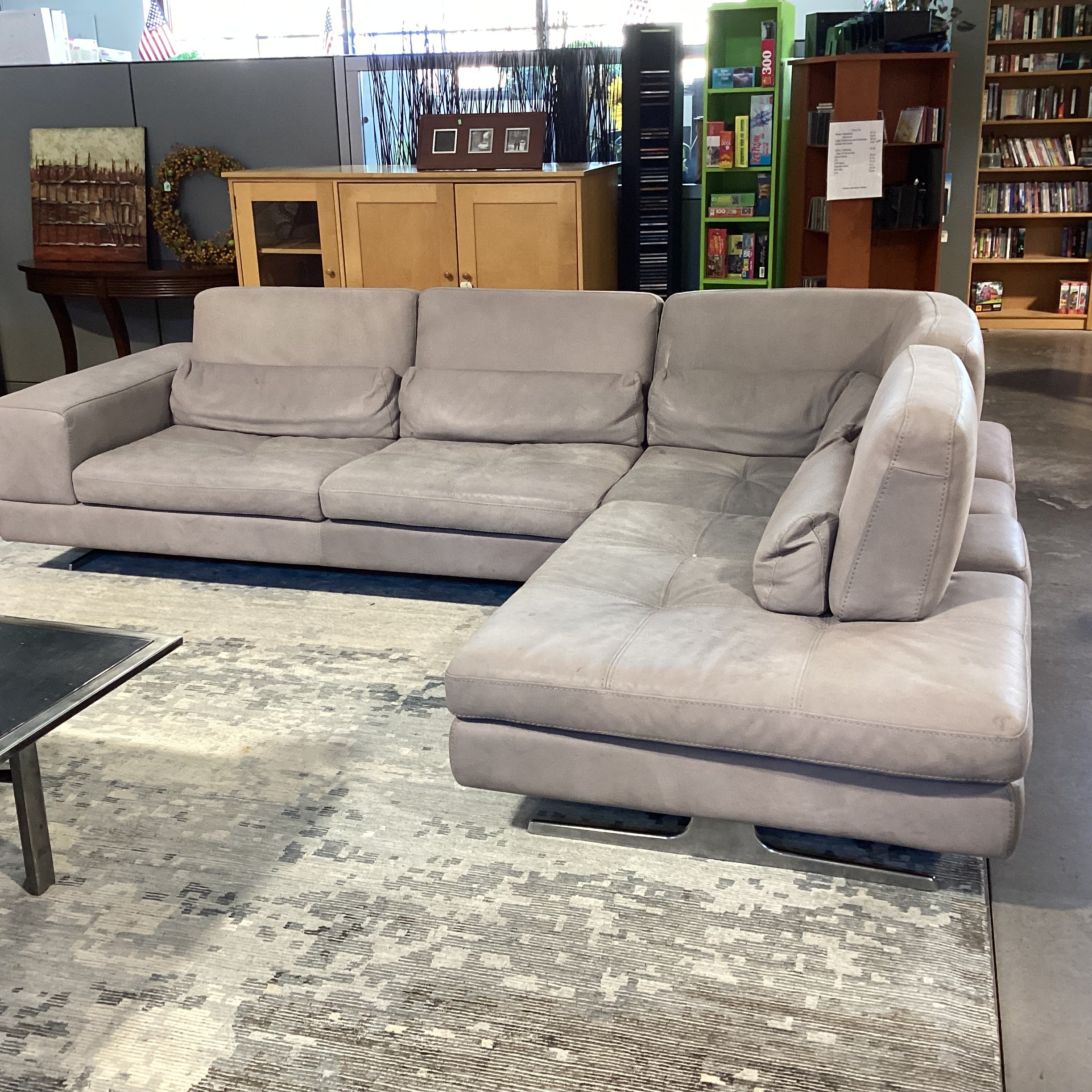 Max Divani Italian Grey Leather 2 Piece with Chaise Sectional 93"x 123"x 44"x 35"