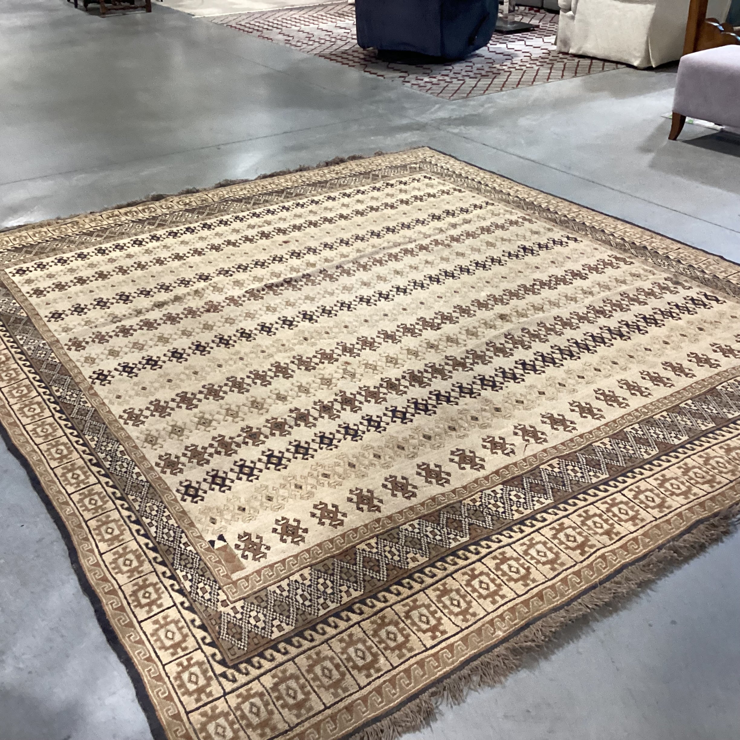 Vintage Tan & Brown Hand Woven Wool Rug 9'x 10'4"