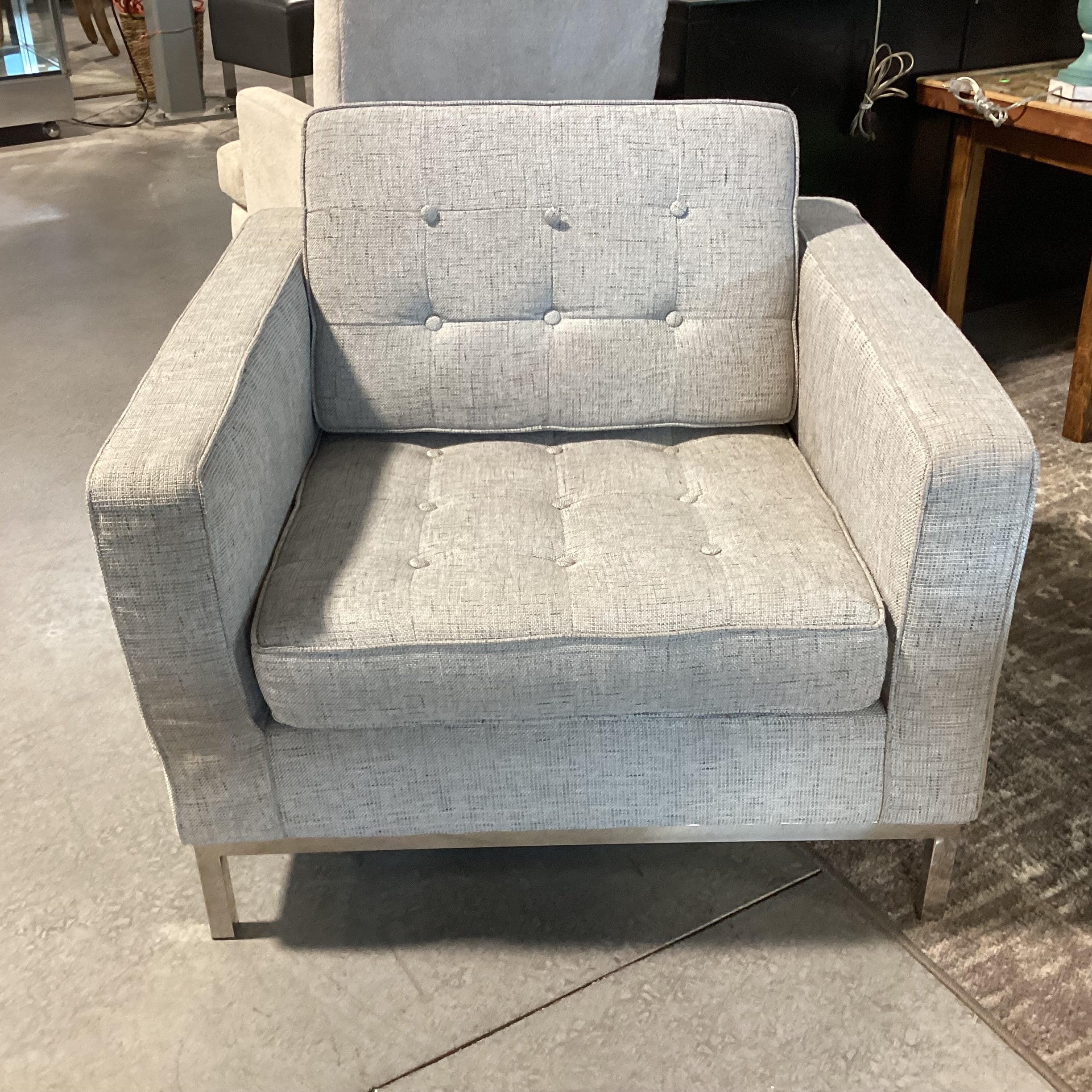 Modern Heathered Grey Woven Button Tufted & Chrome Chair 31"x 19"x 28.5"