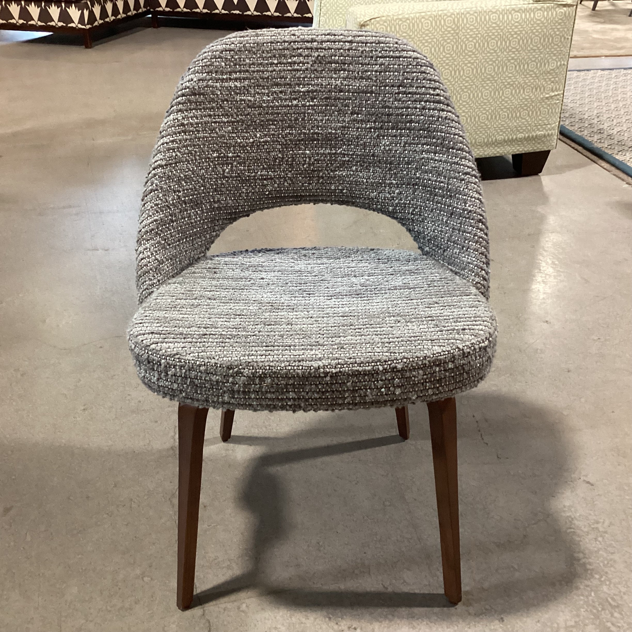 Knoll Saarinen Grey Tones & Ivory Woven Boucle & Walnut Mid Century Style Dining Chair 22"x 21"x 31"