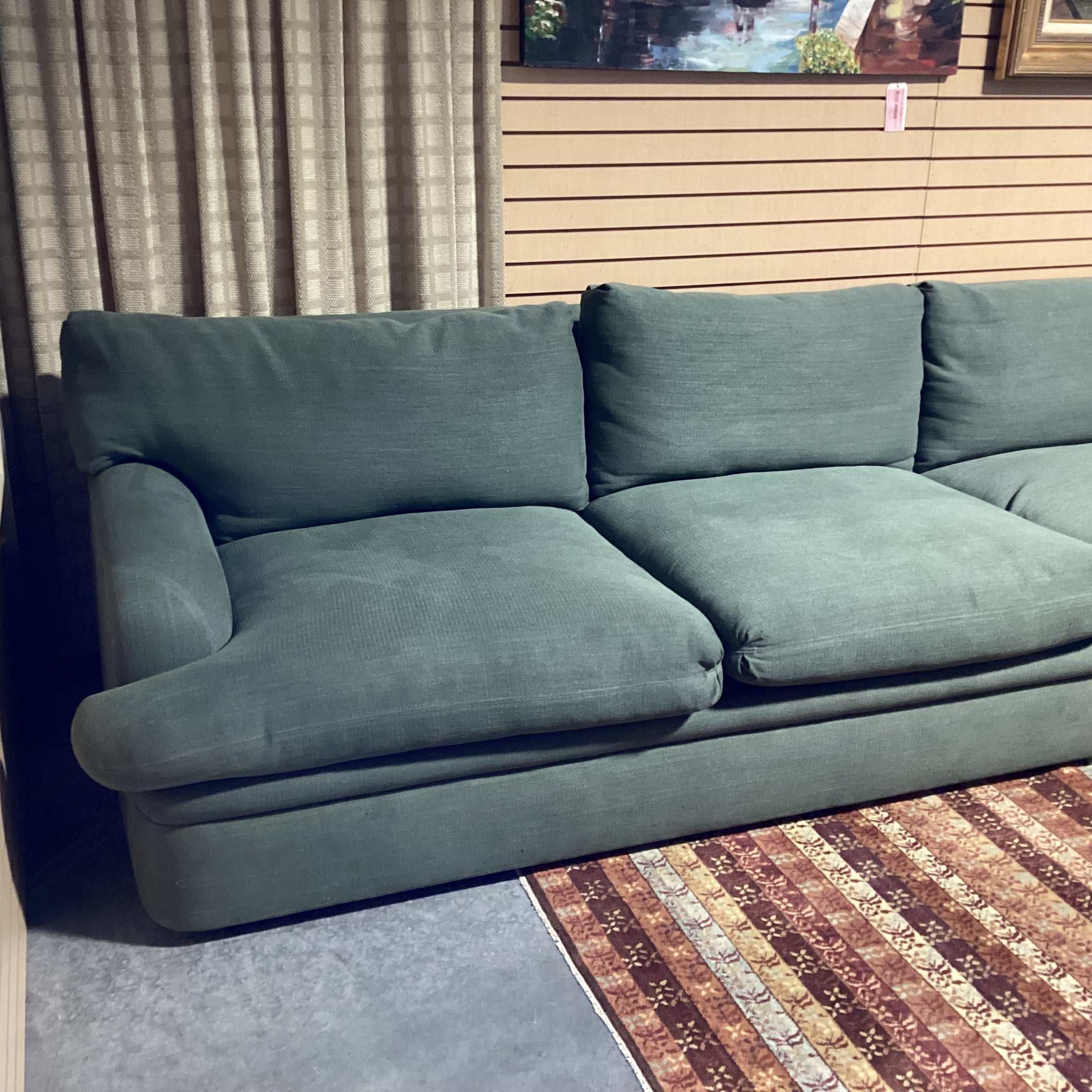 Custom Sage Belgian Linen & Down Angled Side Detail Sofa 170"x 42"x 33"