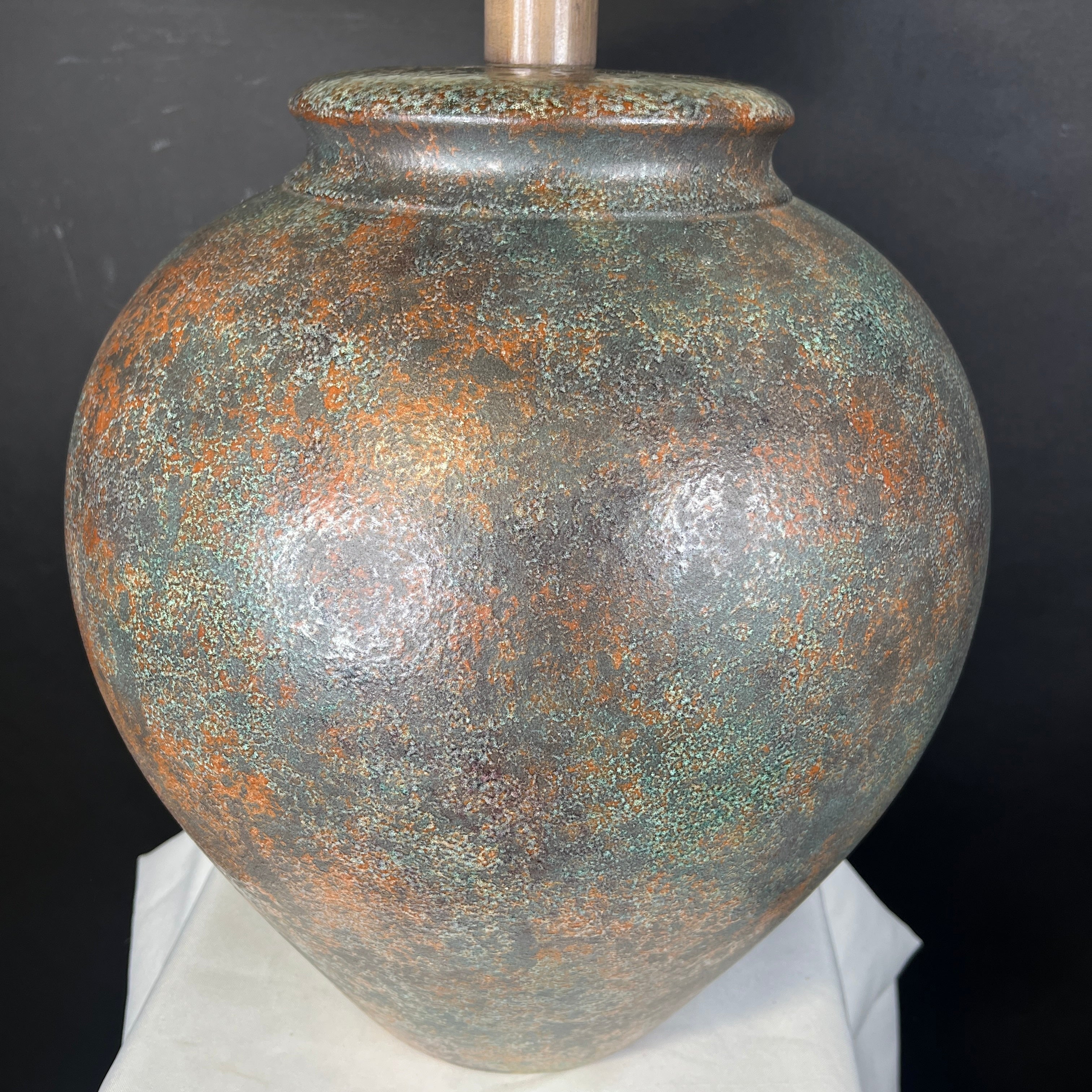 Casual Lamps Green and Rust Textured Metal Vase with Shade Table Lamp 24.5” Diameter @ Shade x 35”