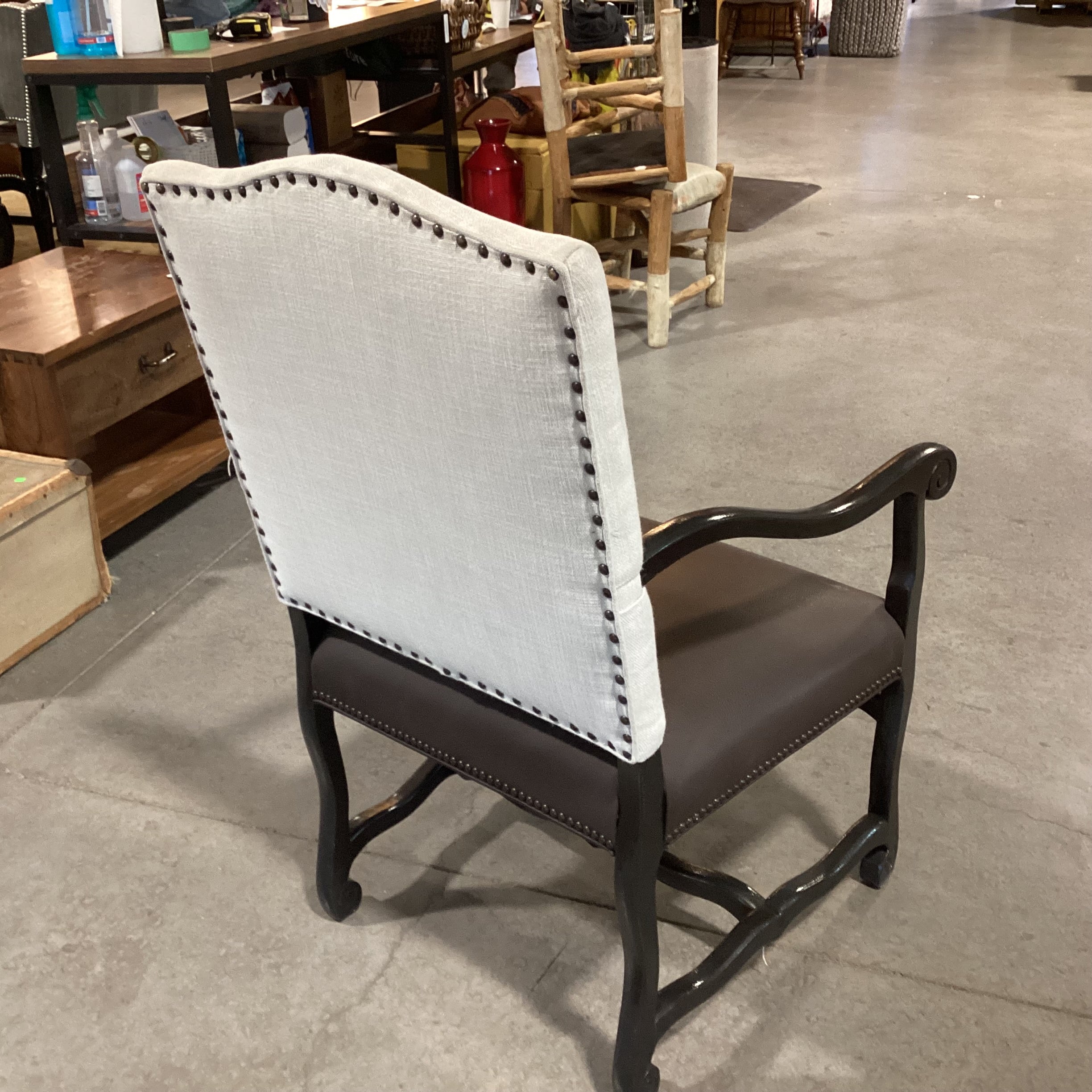 Black Carved Wood Leather Seat & Linen Nailhead Armed Dining Chair 25"x 26"x 42"