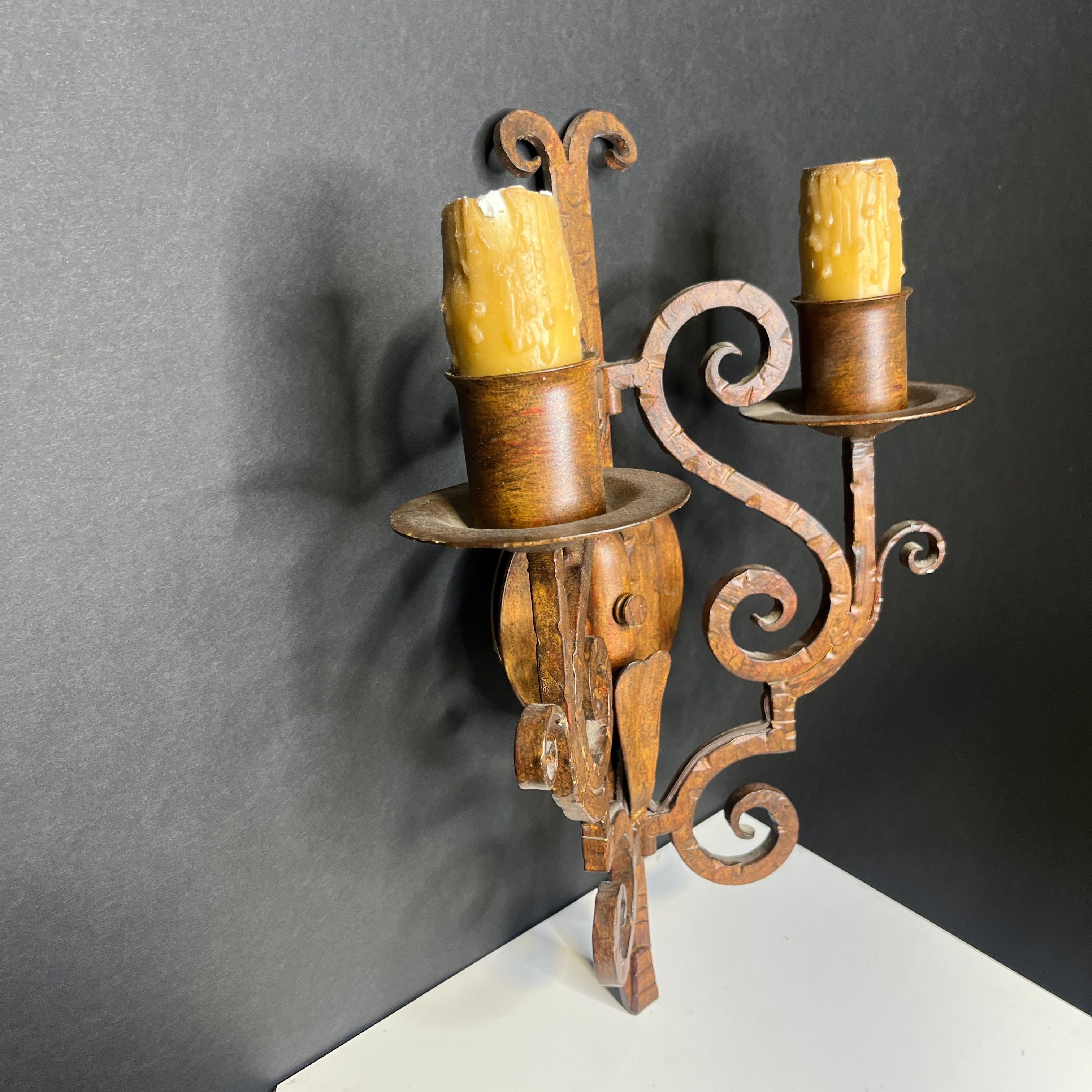 Gothic Revival 2-Light Rust Patina Metal Scroll Candlestick Wall Sconce 11”x 15.5”x 5.5”