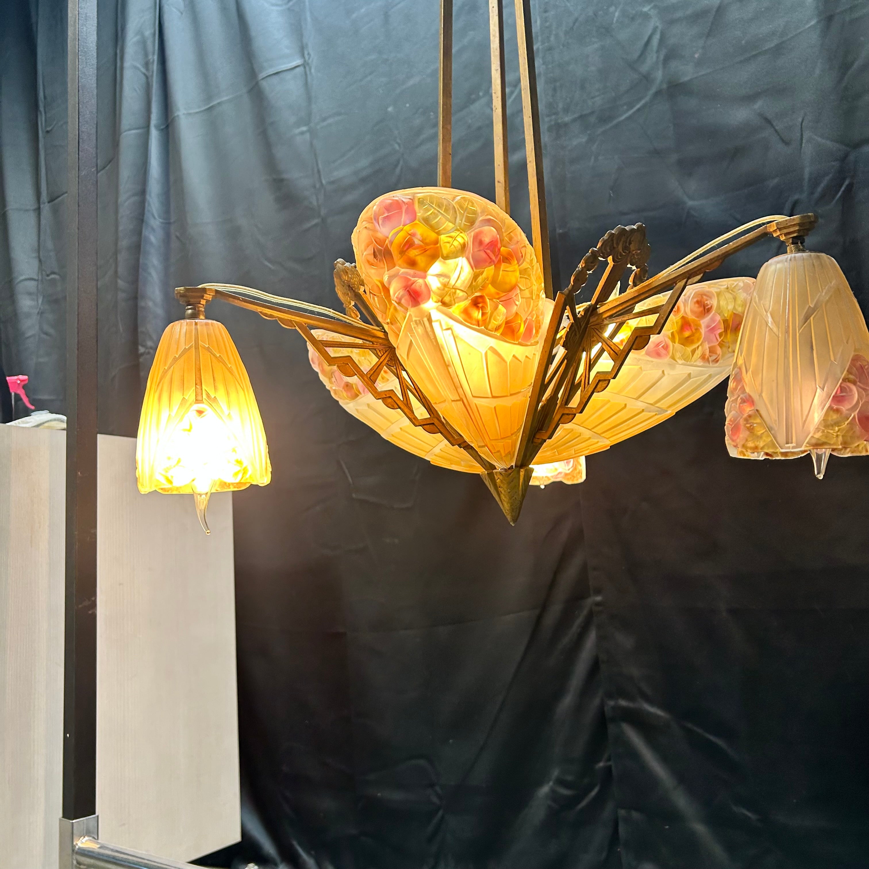 1930 Art Deco Brass & Flowered Glass 6 Light Pendant 22"x 31"
