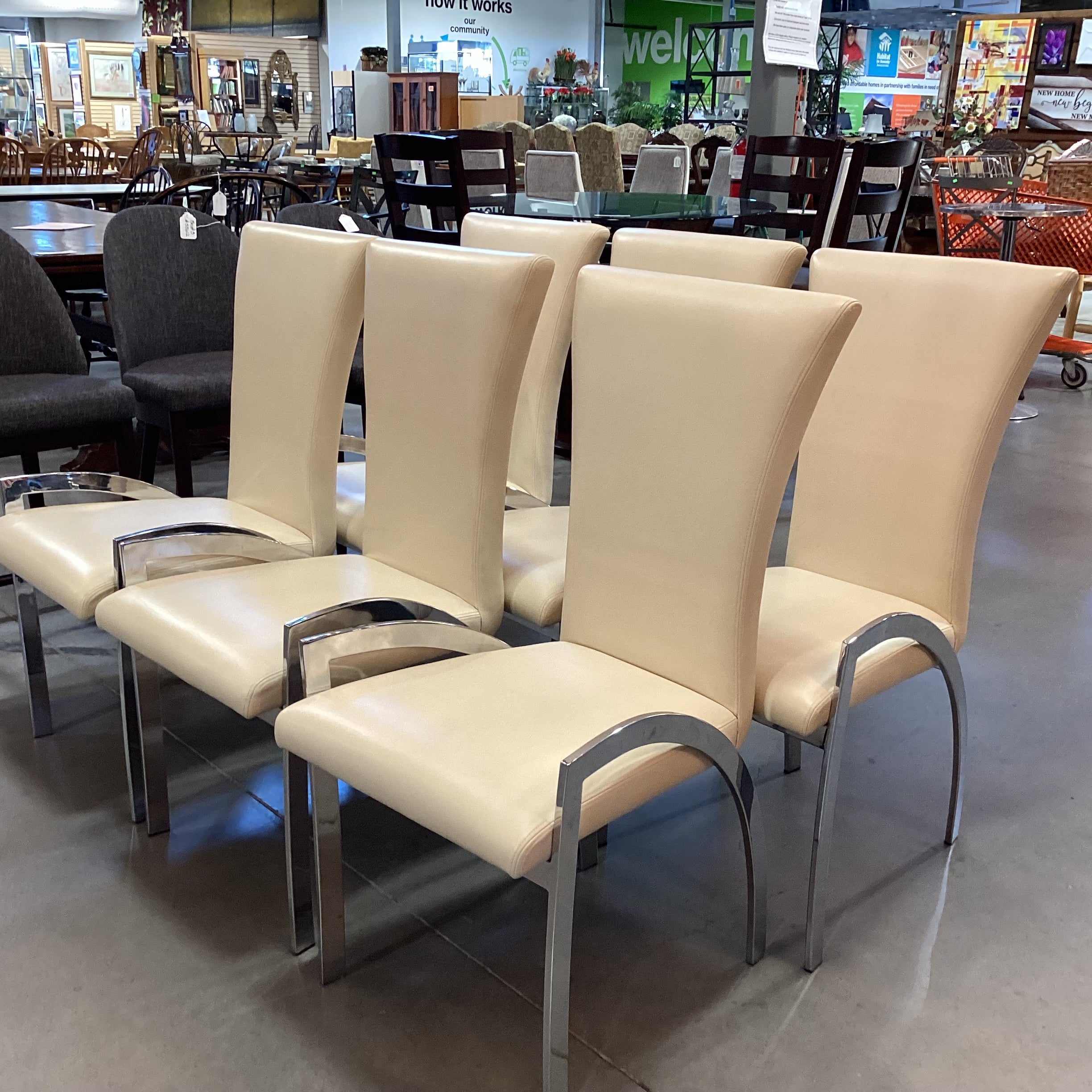 SET of 6 Elite Manufacturing Modern Blonde Leather & Chrome Dining Chairs 20"x 24"x 40"
