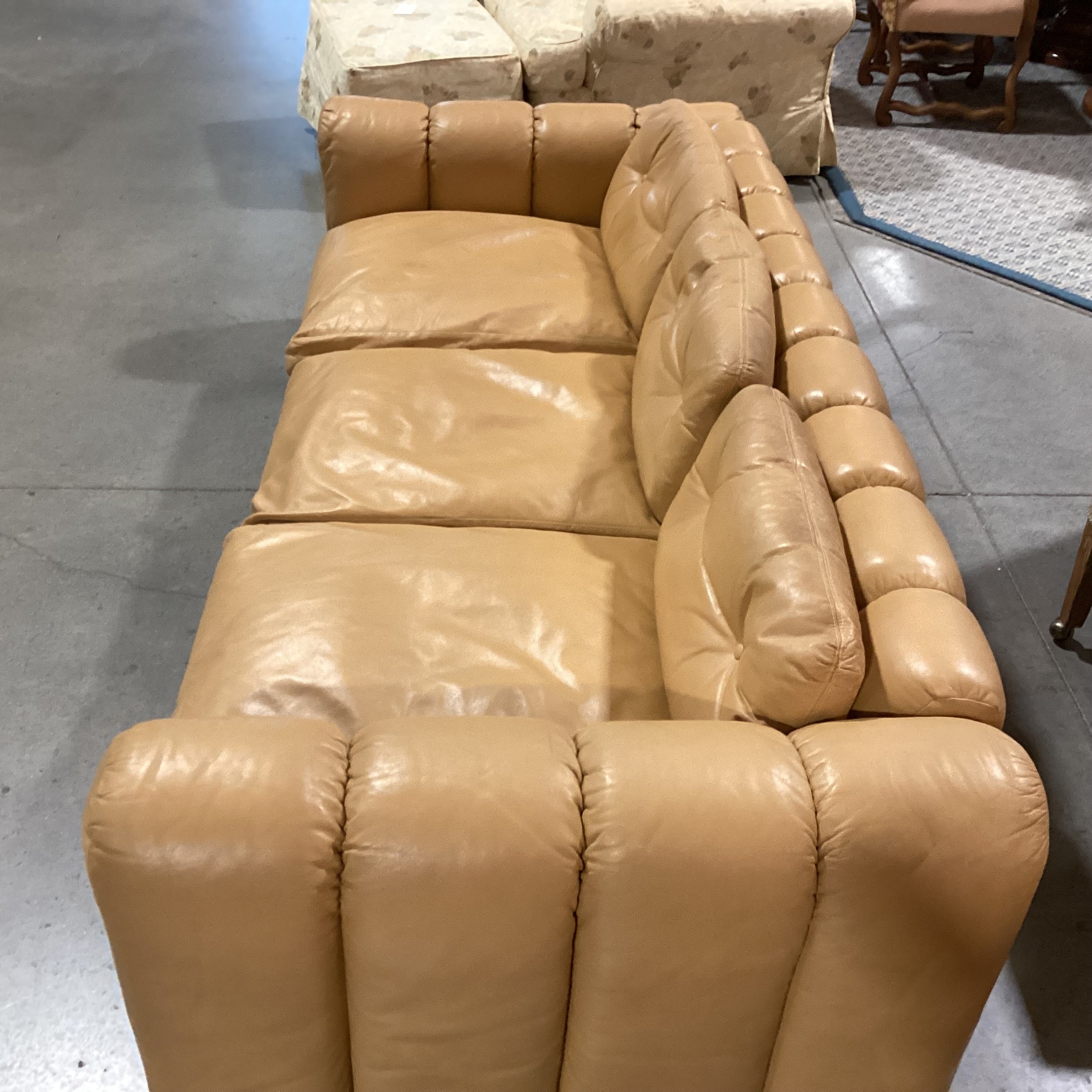 Interior Crafts Chicago Vintage Tan Leather Channel Ribbed Tufted Sofa 98"x 42"x 26"