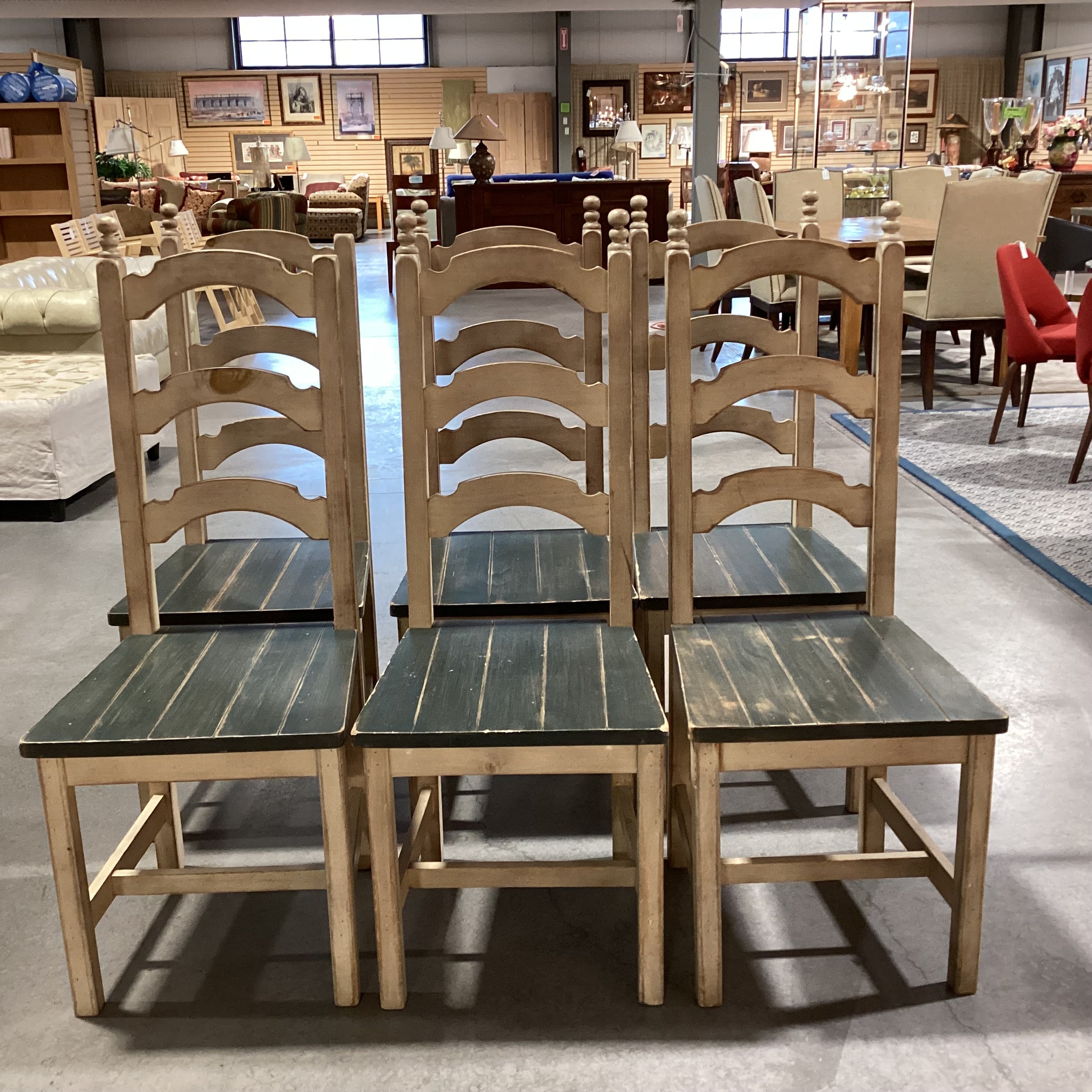 SET of 6 Buffalo Lodge & Dakota Washed Distressed Cream & Green Wood Ladder Back Ranch Dining Chairs 18"x 19"x 45"