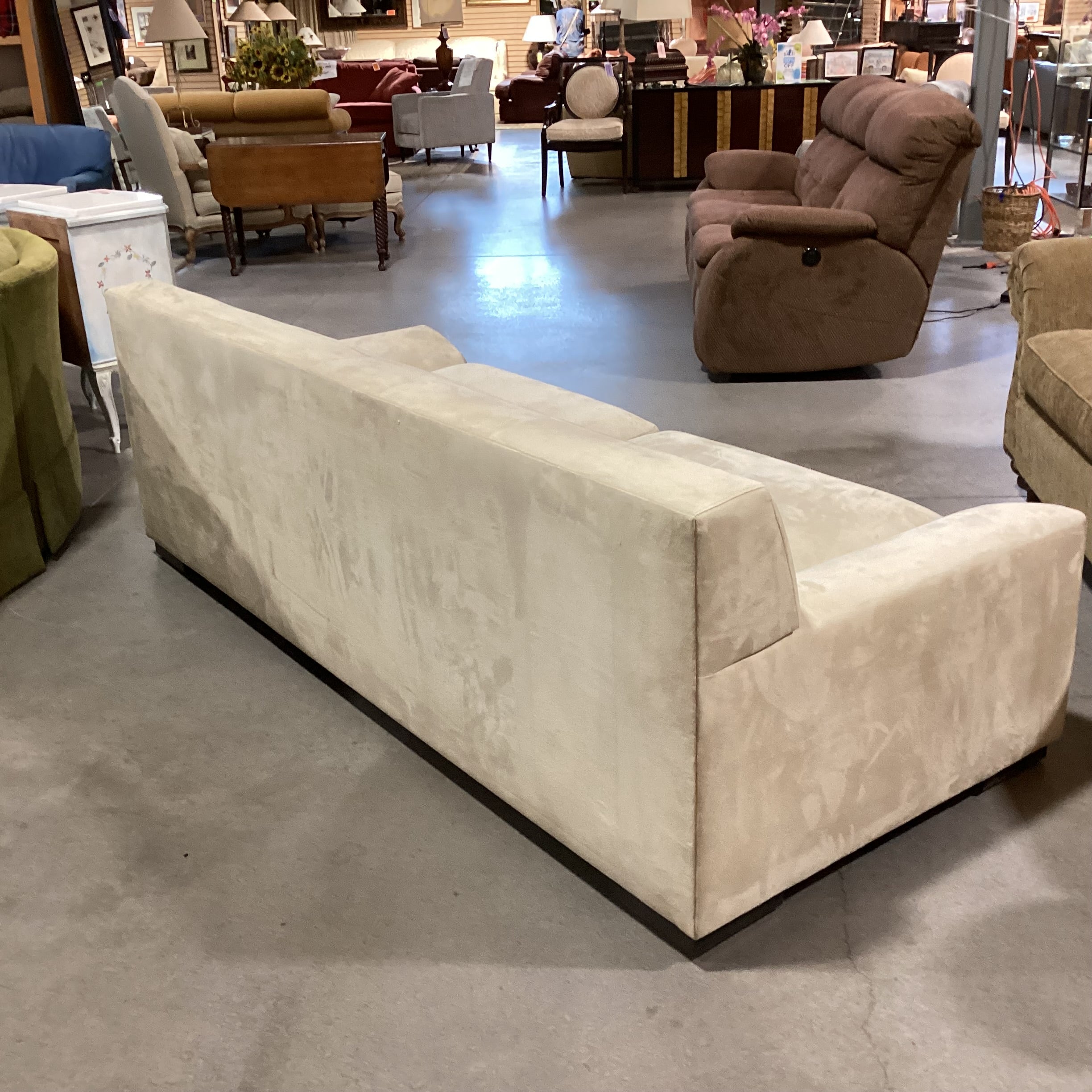 Custom Beige Ultra Suede Low Profile Modern Sofa 87"x 37"x 29.5"