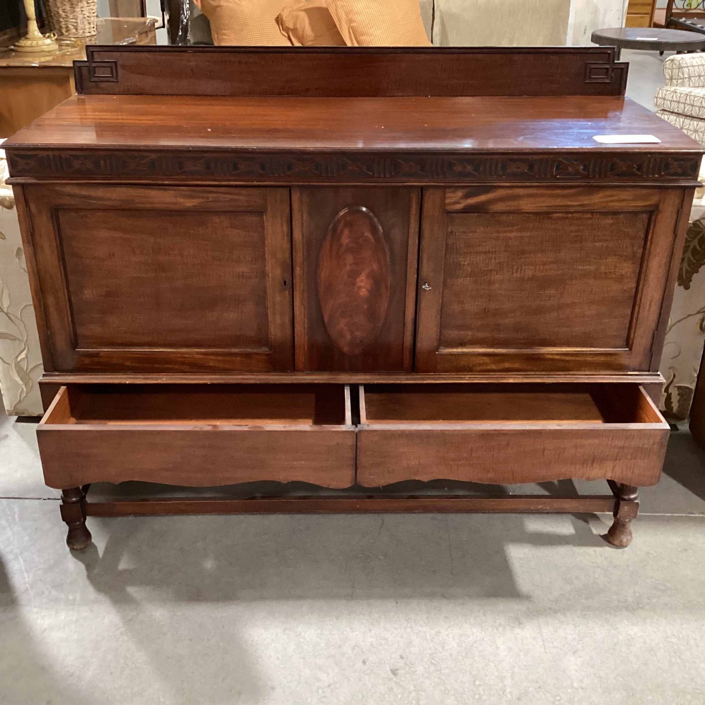 Antique Ribbon Mahogany with Ornate Molding Detail 2 Door Buffet Sideboard 53.5"x 21"x 42.5"