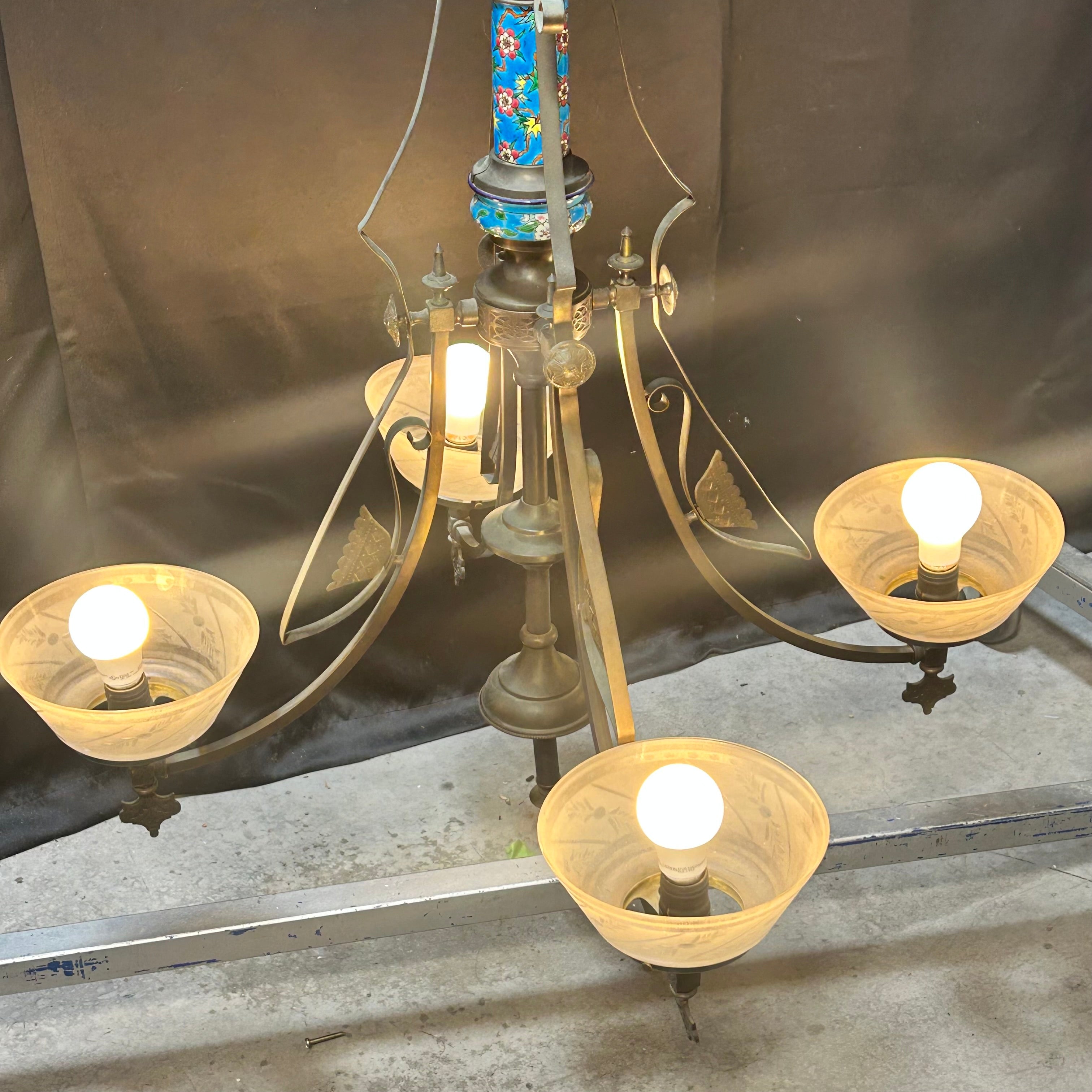 4-Light Aesthetic Eastlake Gas Chandelier Circa 1870  With Ceramic and Etched Glass 33"x 57"