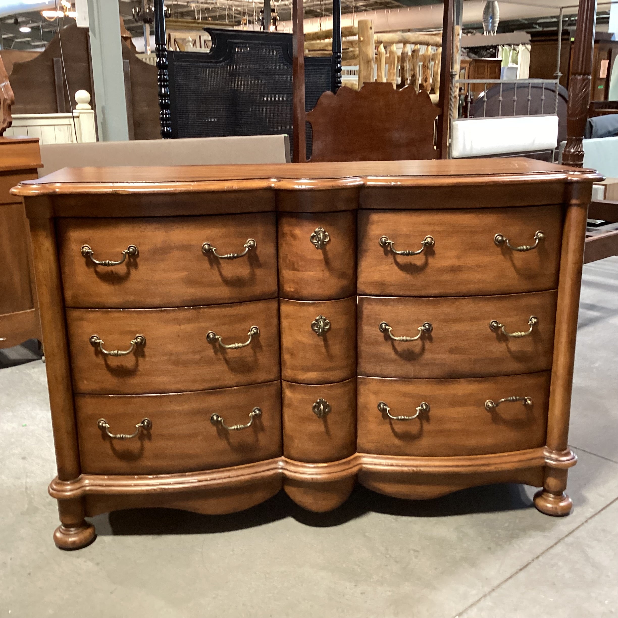 Hickory White Distressed Carved Curved Front 9 Drawer Dresser 64"x 20"x 42"