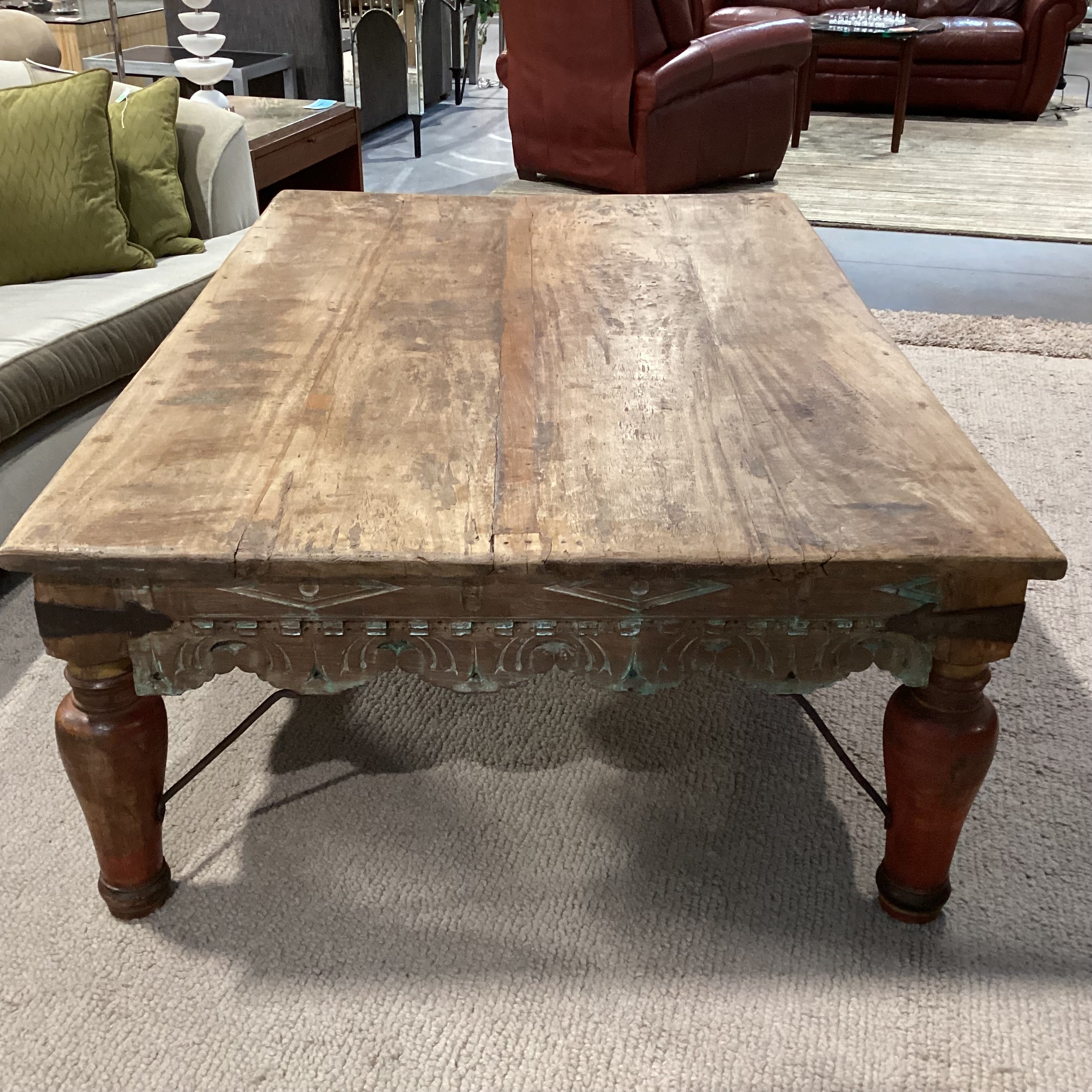 Malabar Coast Carved Wood Iron & Distressed Painted Detail Coffee Table 72"x 46.5"x 23"