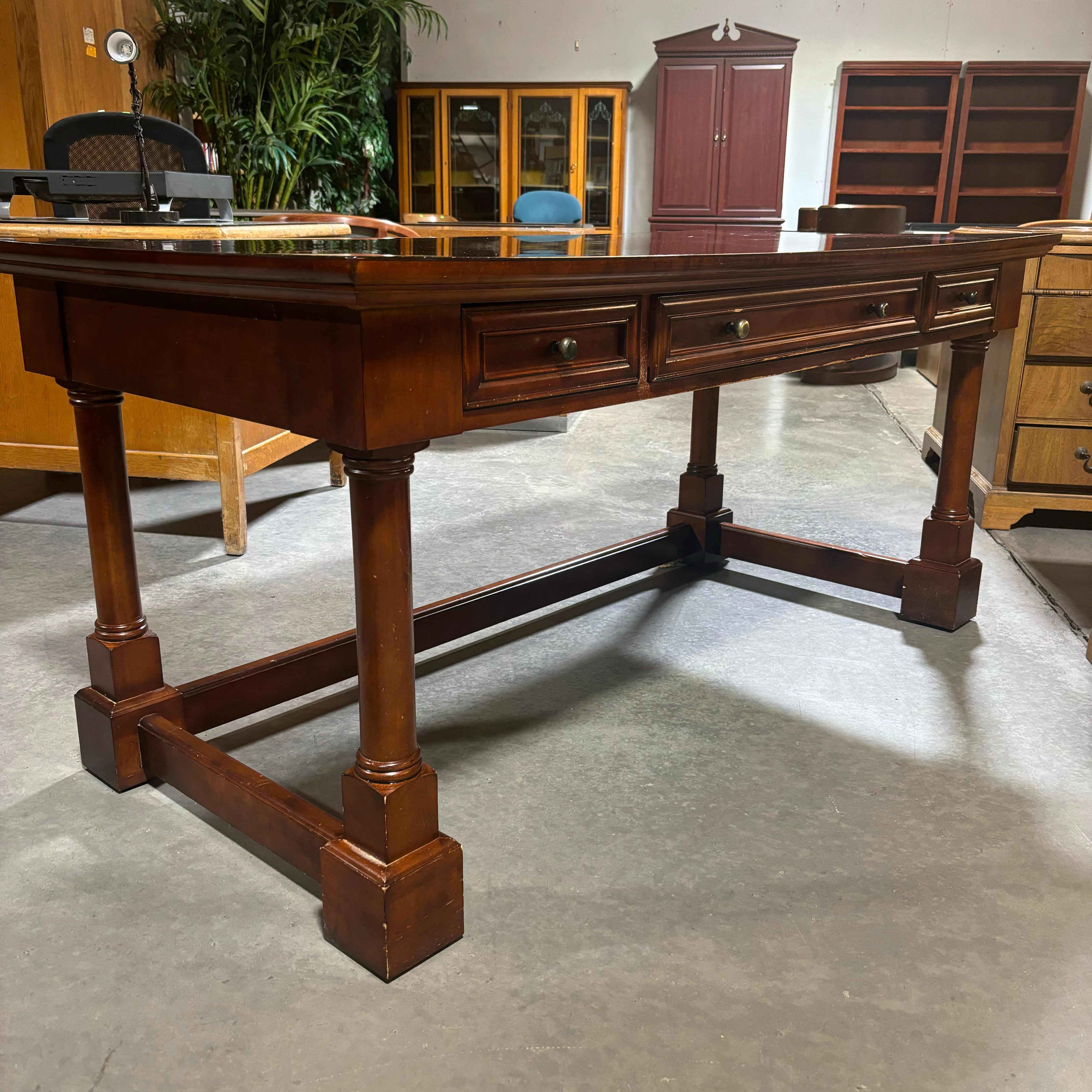 Ornate Carved Dark Finish Wood 3 Drawer with Trestle Desk 66"x 32"x 30"
