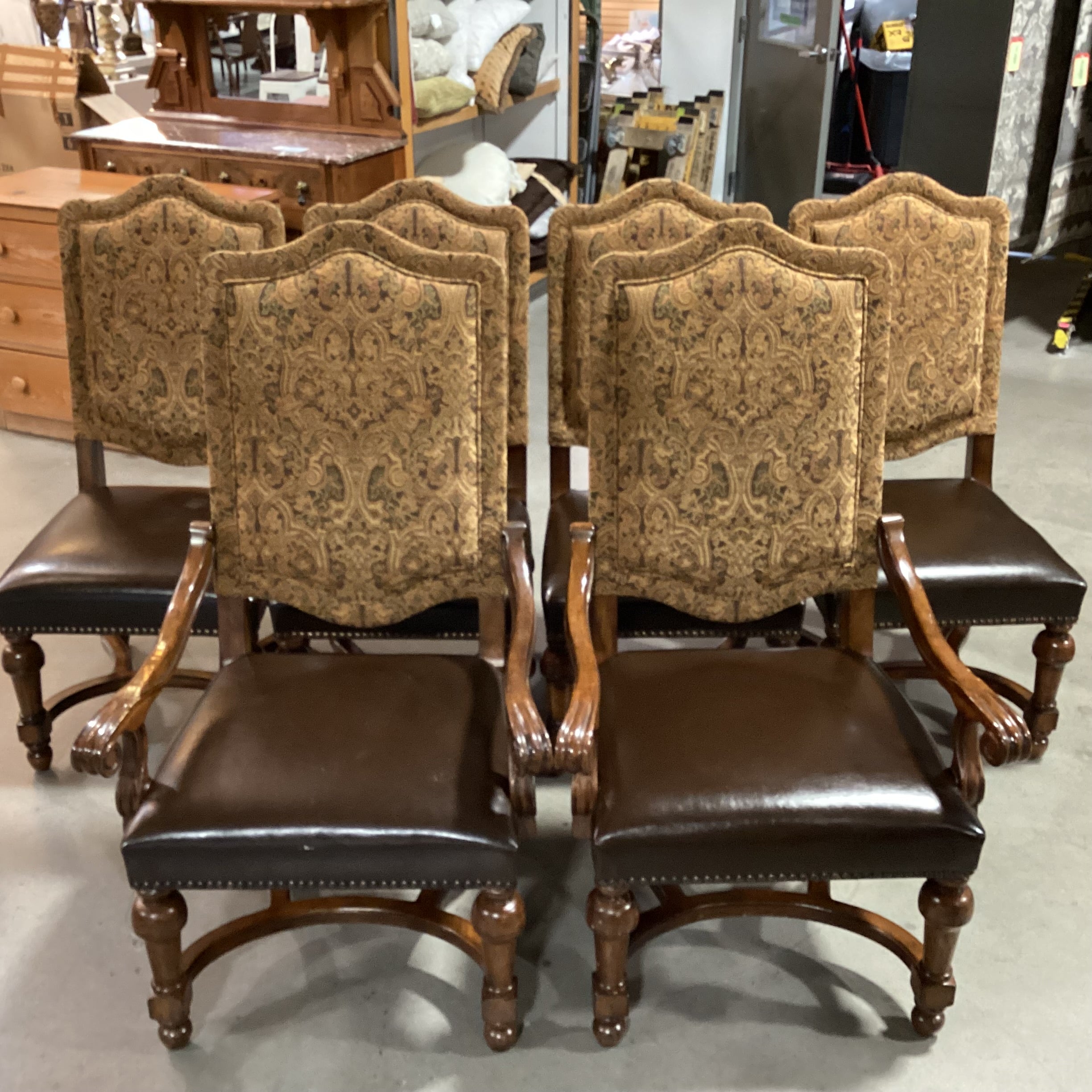 SET of 6 Bernhardt Carved Wood Brown Gold Paisley & Leather Nailhead Dining Chairs 29"x 25"x 49"