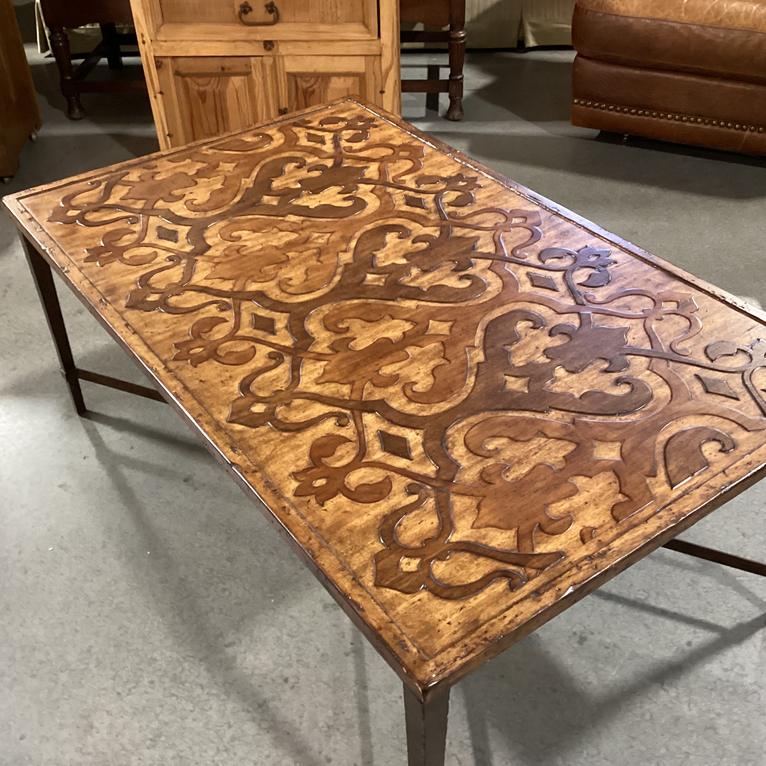 Ornate Hand Carved 2 Tone Distressed Wood & Iron X Stretcher Base Coffee Table 50"x 31"x 20"