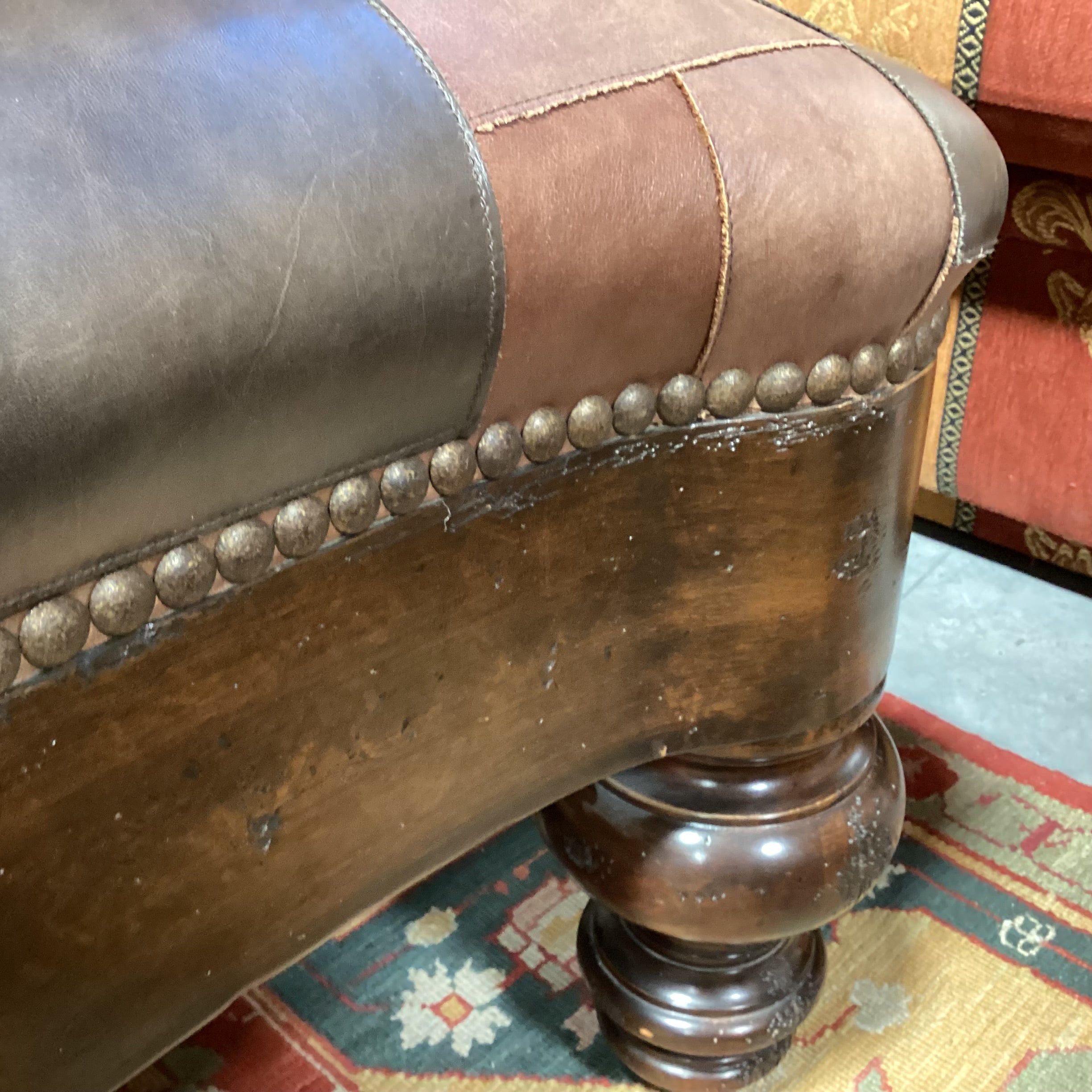 T J Hooker Brown Tones Patchwork Leather Nailhead & Carved Distressed Wood Cocktail Ottoman 61"x 41"x 20"