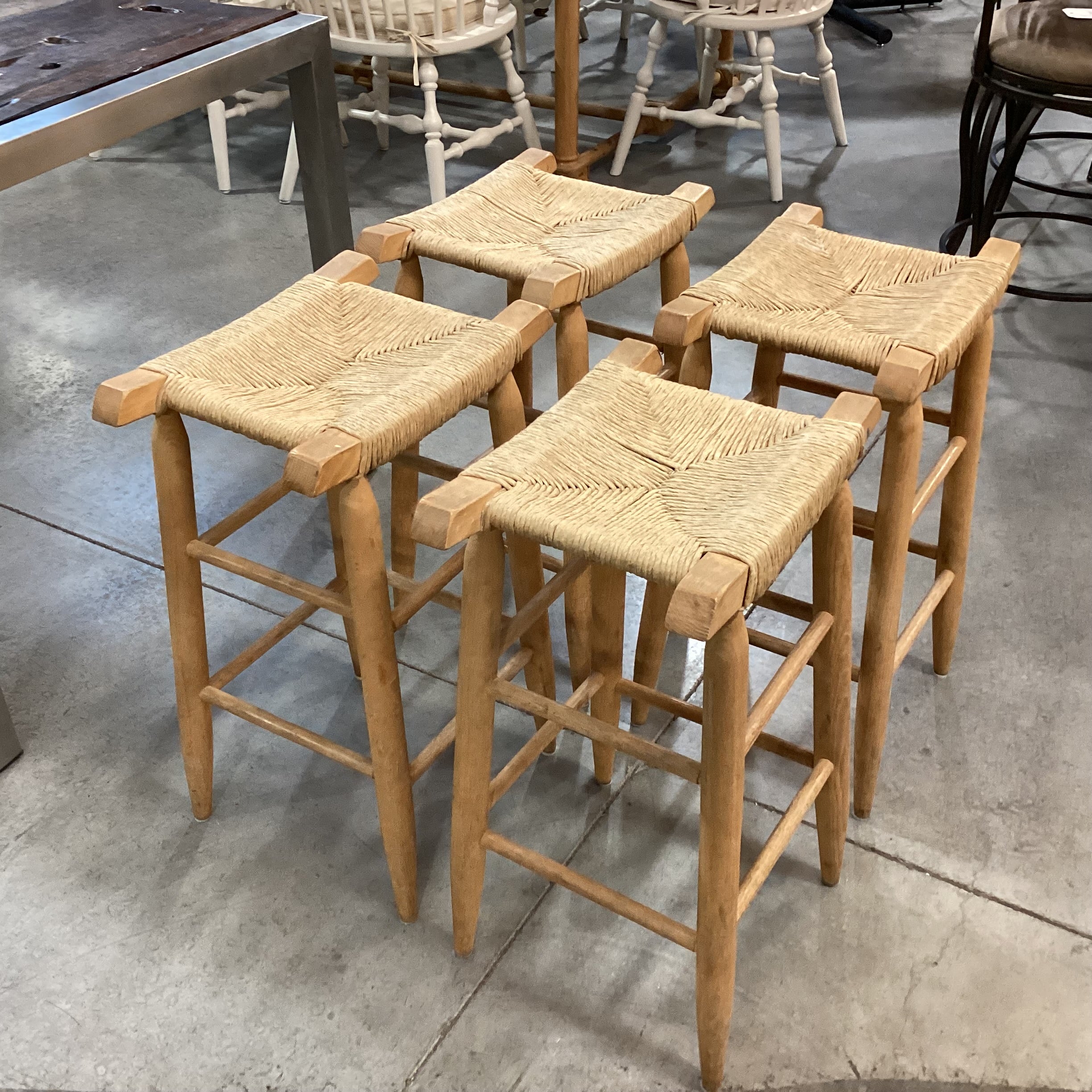 SET of 4 Vintage Natural Wood & Rush Seat Barstools 25"