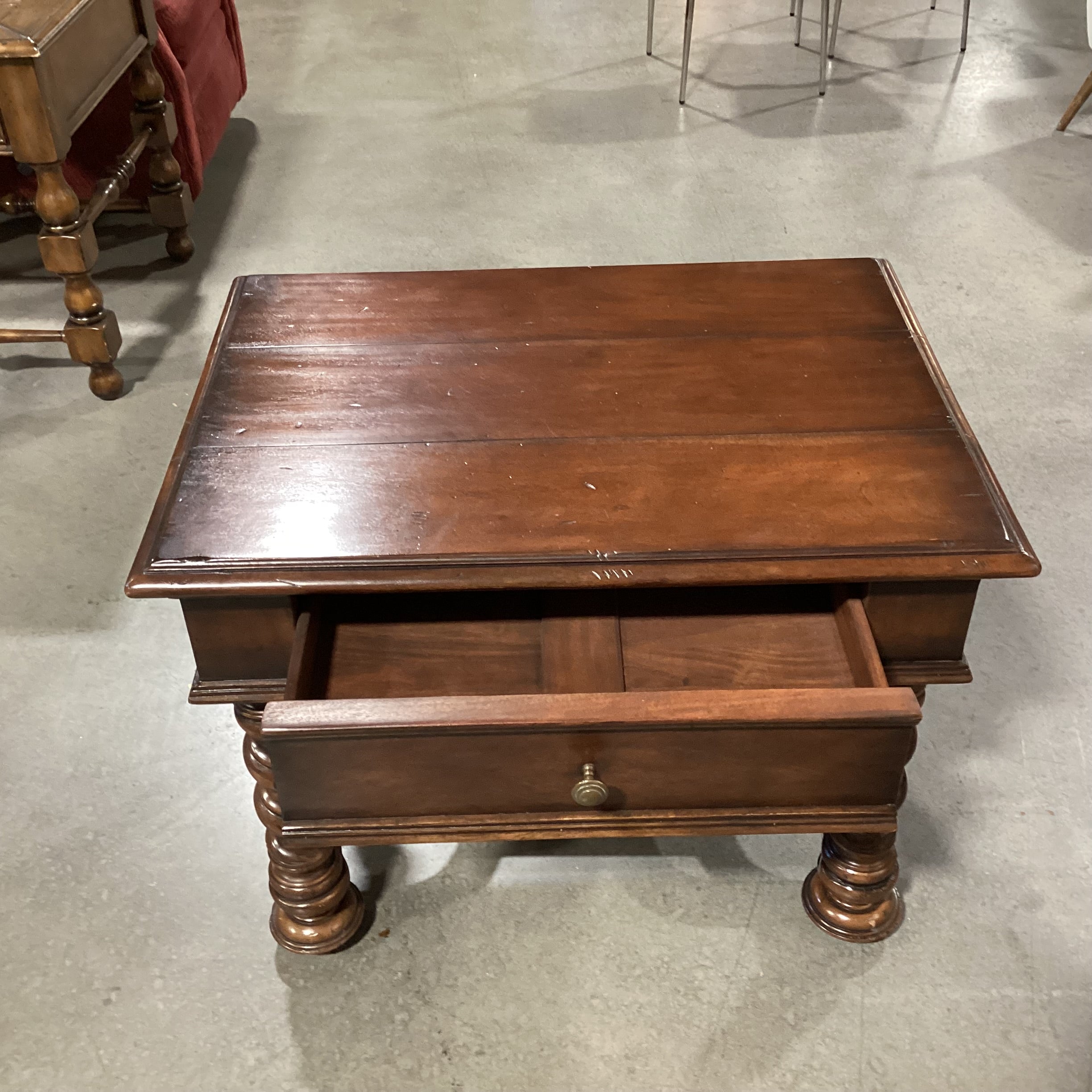 Ornate Carved Finished Solid Wood 1 Drawer Side Pullouts Trestle Base End Table 32"x 24"x 25"