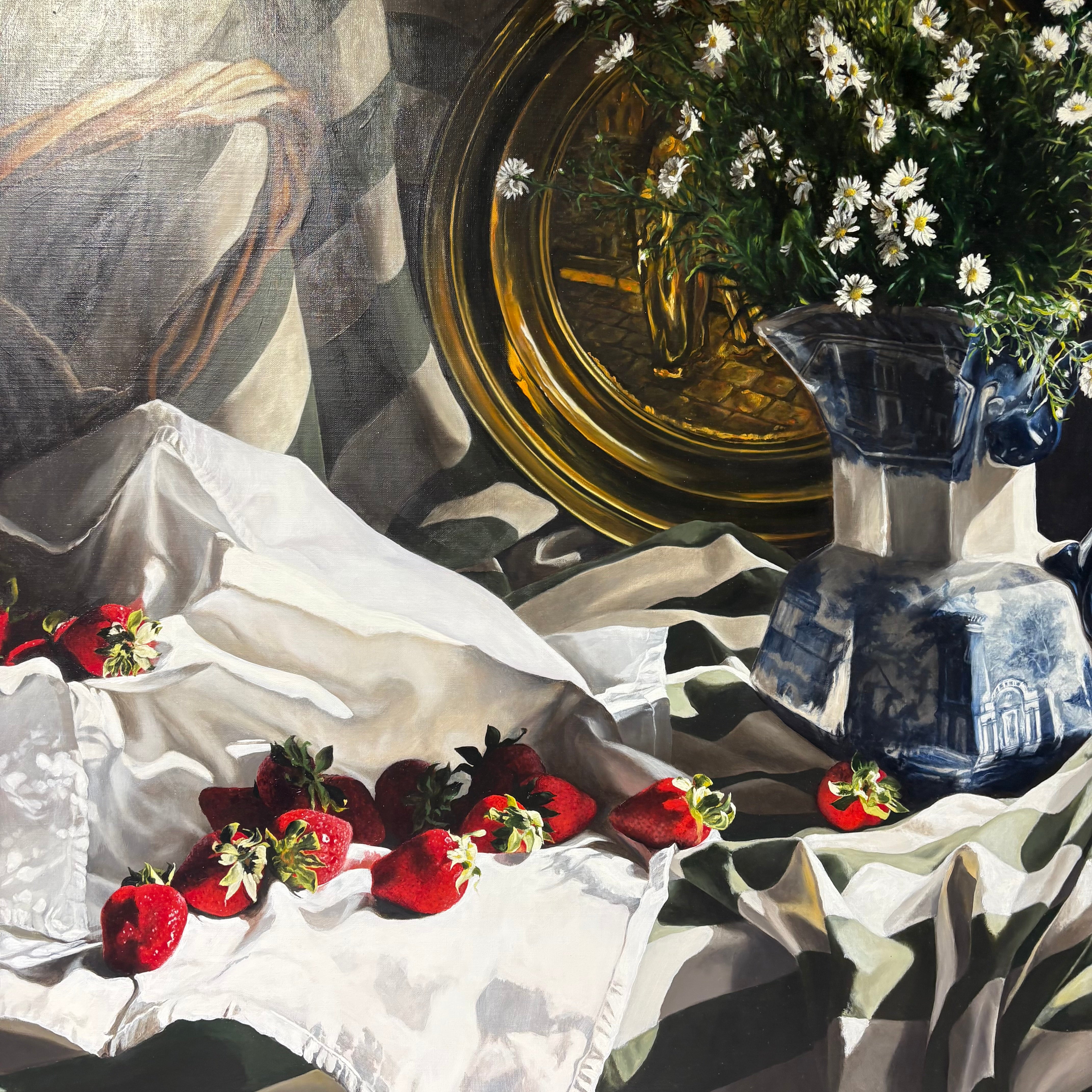 Cora Ogden Strawberries and Cream Original Oil on Canvas Signed Framed Wall Decor 42” x 48”