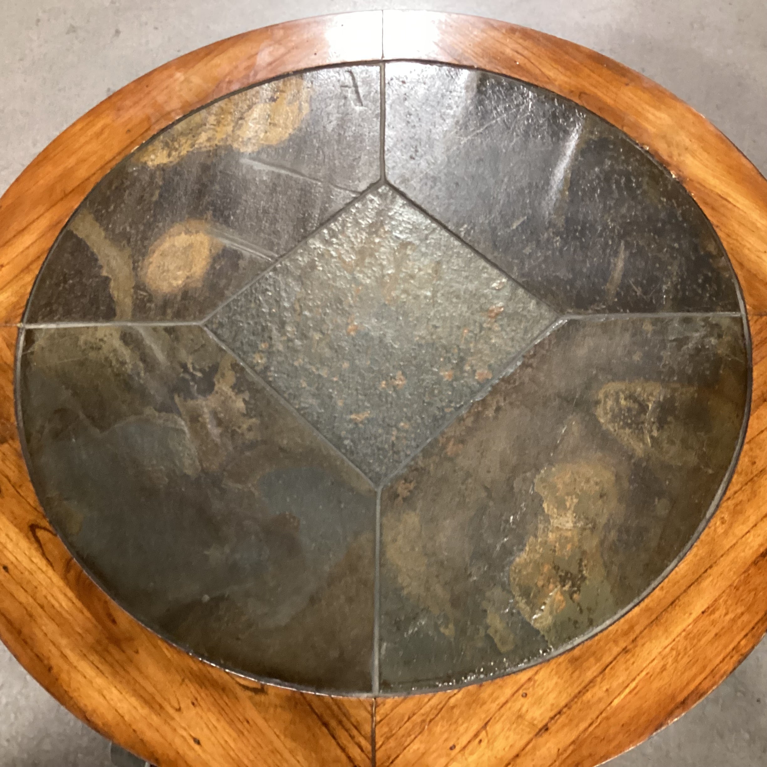Round Wood Inset Slate Tile & Ornate Metal Base Coffee Table 42" Diameter x 20"