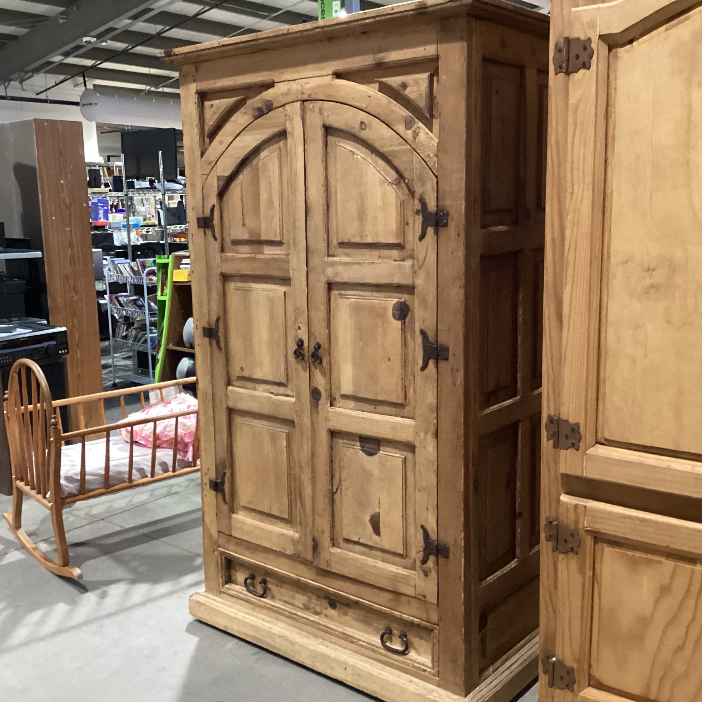 Rustic Pine with Carved Panel Detail 2 Door with Bottom Drawer Armoire 43"x 26.5"x 72"