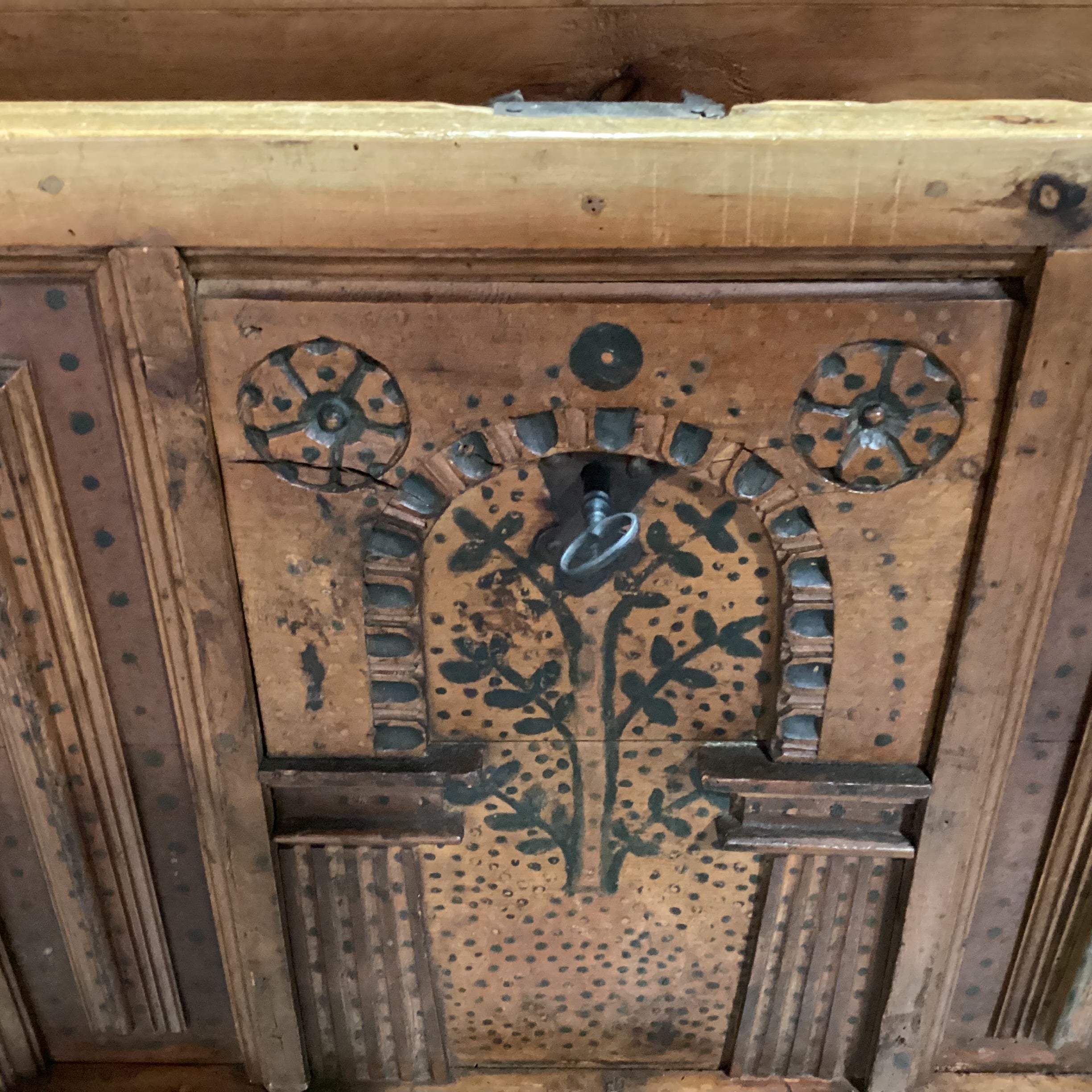 Antique 18th Century European Carved Wood Floral Panels Dental Detail Chest Trunk 70"x 27"x 36.5"