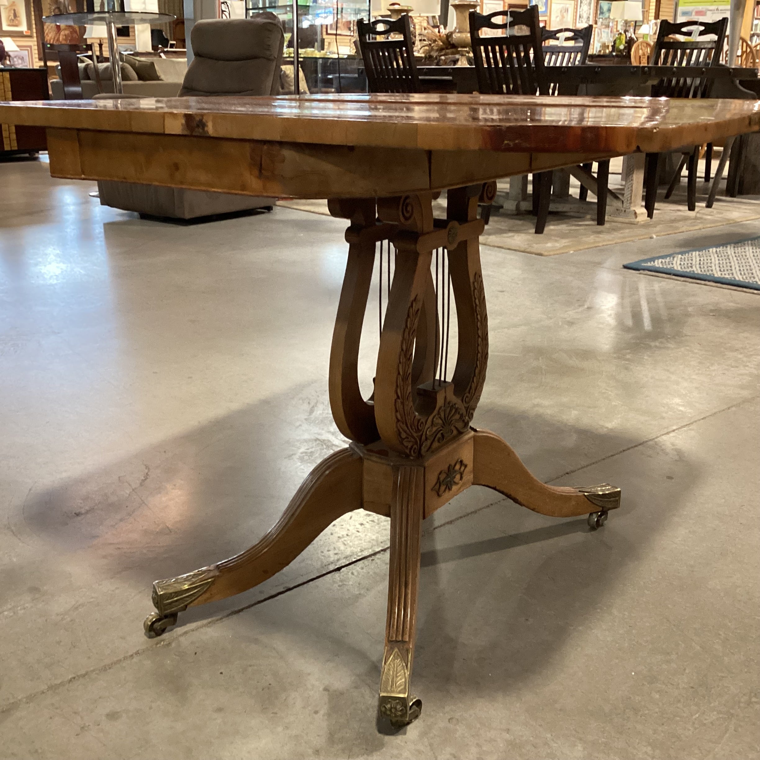 Antique Carved Wood & Veneer Twist Top to Open with Harp Pedestal & Brass Accents Accent Table 36"x 18" to 36"x 29.5"